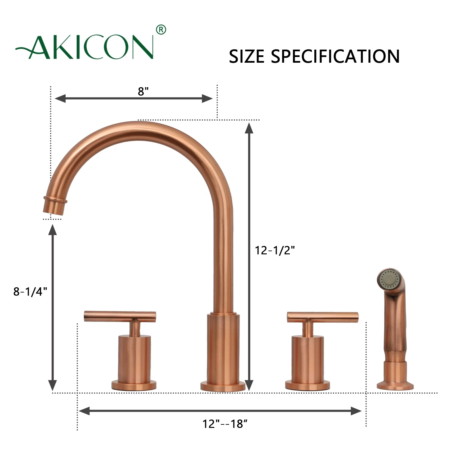 Akicon Two-Handles Copper Widespread Kitchen Faucet with Side Spray - 12.5