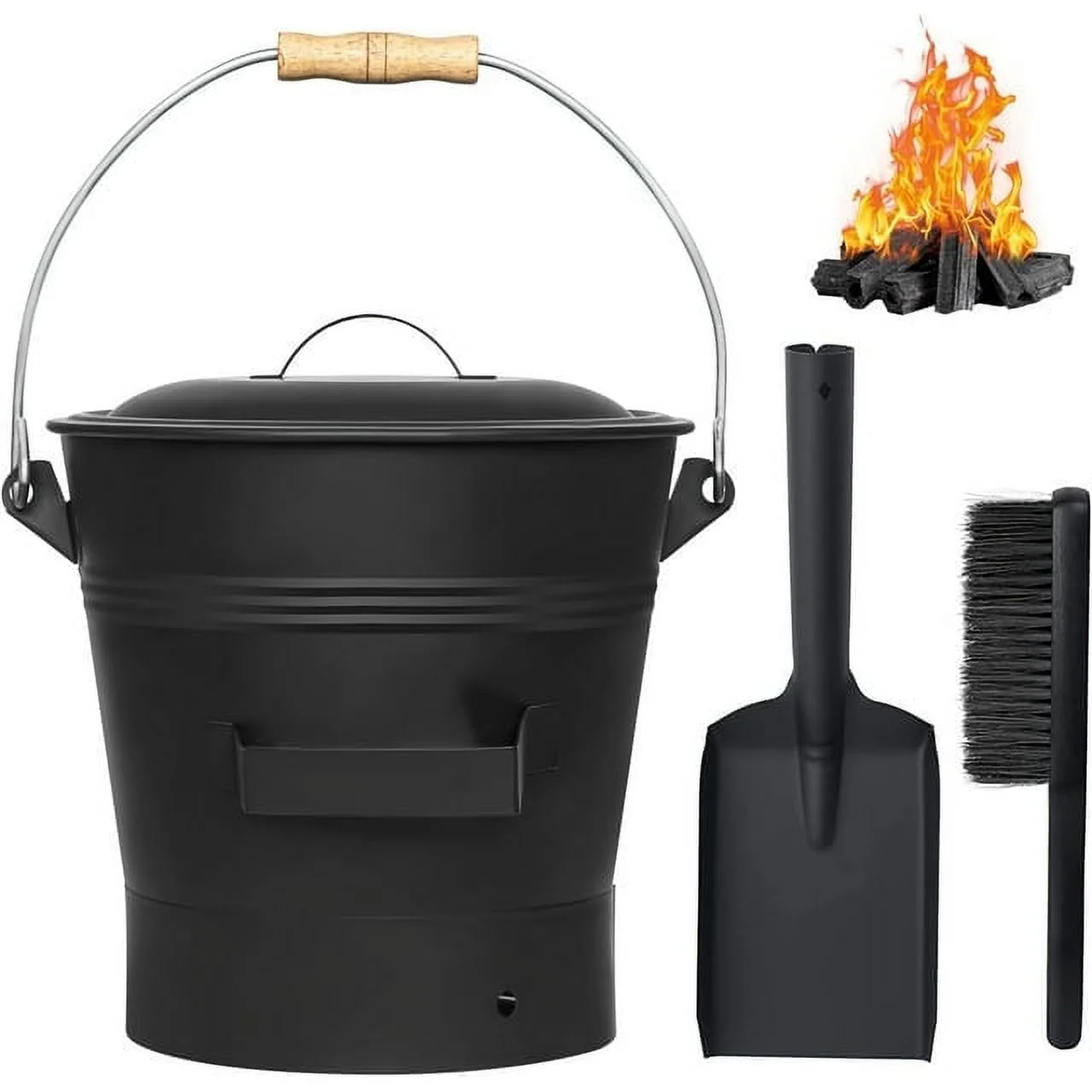 Fireplace Ash Bucket with Lid Shovel, Hand Broom and Gloves, 2.6 Gallon Charcoal Wood Fire Pits Burning Stoves, Coal/Large Pellet Metal Buckets/Hot Wood Carrier Pail Fire Pits Ash Can Cleaning Tools