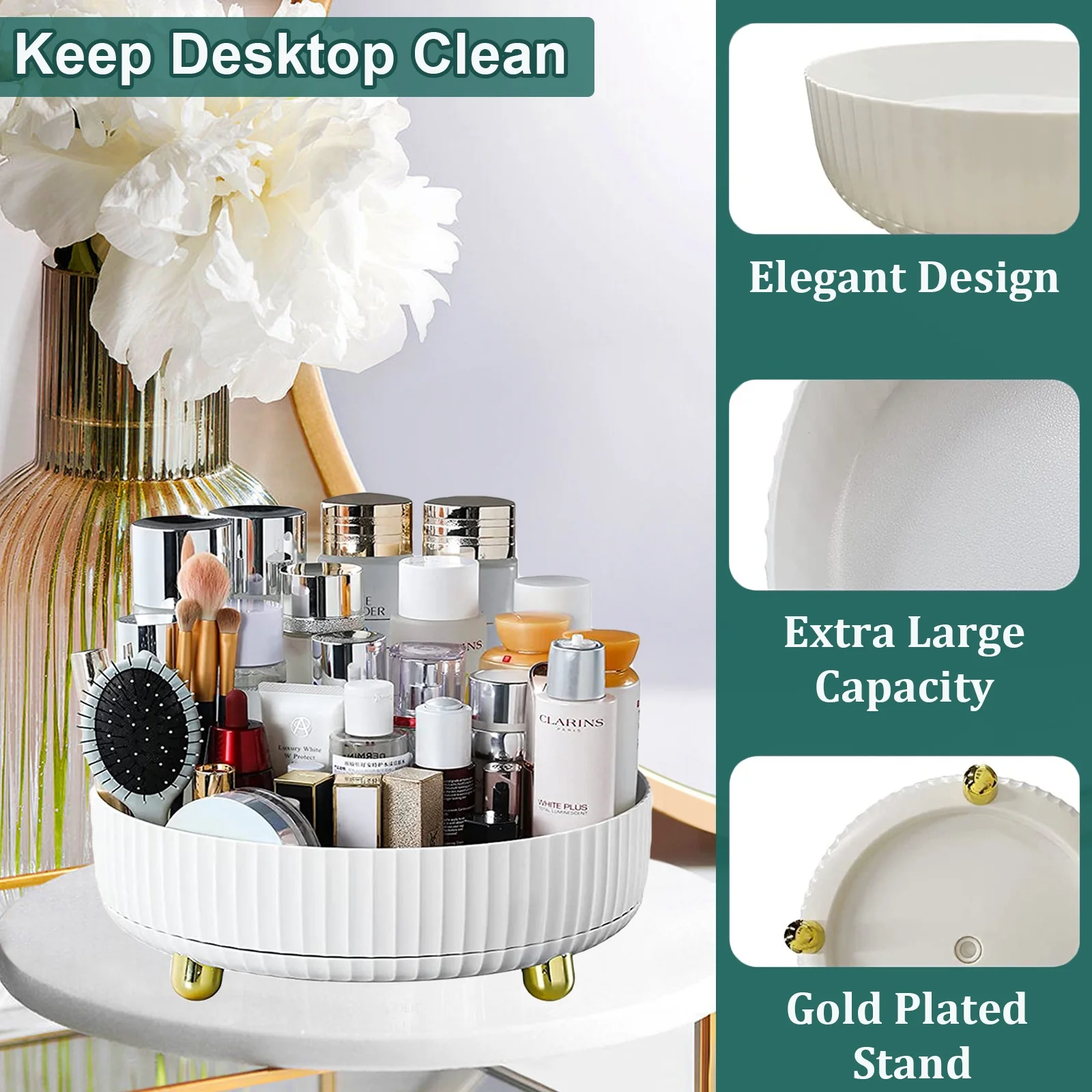 Makeup Perfume Organizer, 360 Degree Rotating Skincare Organizer Large Capacity Cosmetic Desk Spinning Storage Lotions Display Cases for Dresser, White