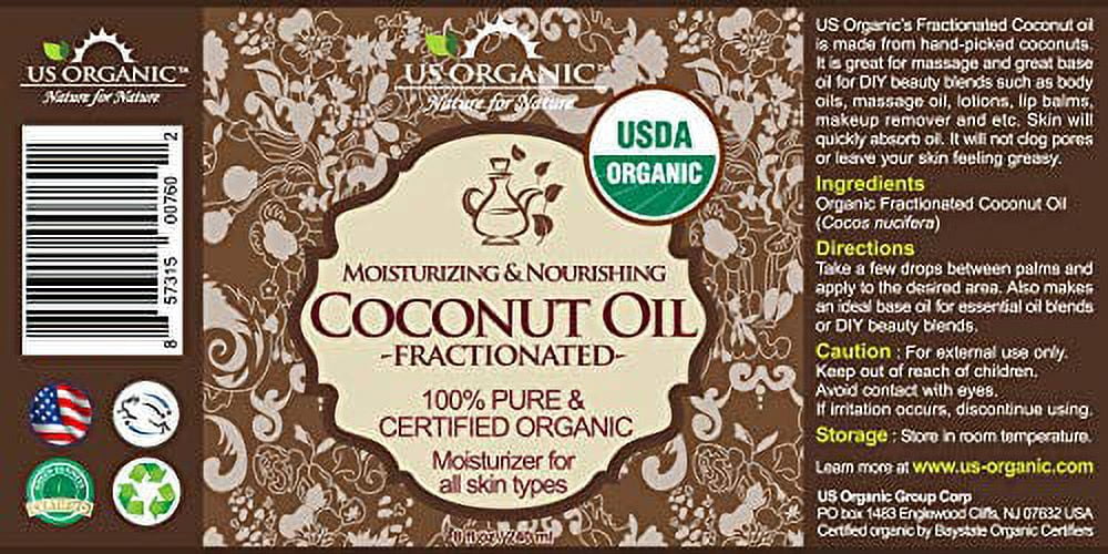US Organic Fractionated Coconut (Liquid) Oil, 100% Pure Certified USDA Organic, 8 oz