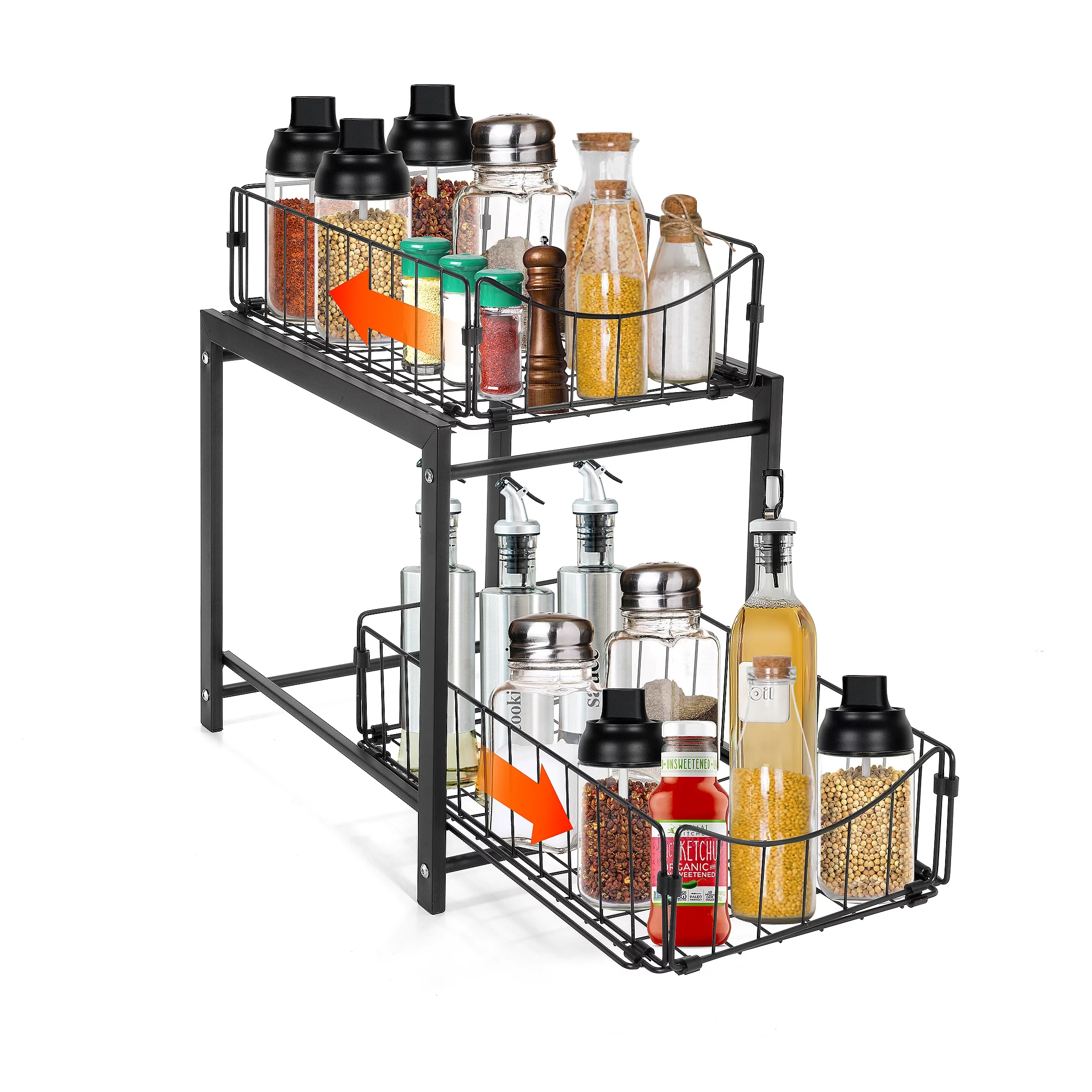 2-Tier Pull-Out Storage Rack, Under Sink Cabinet Sliding Drawer Organizer Basket Shelf, Metal Black