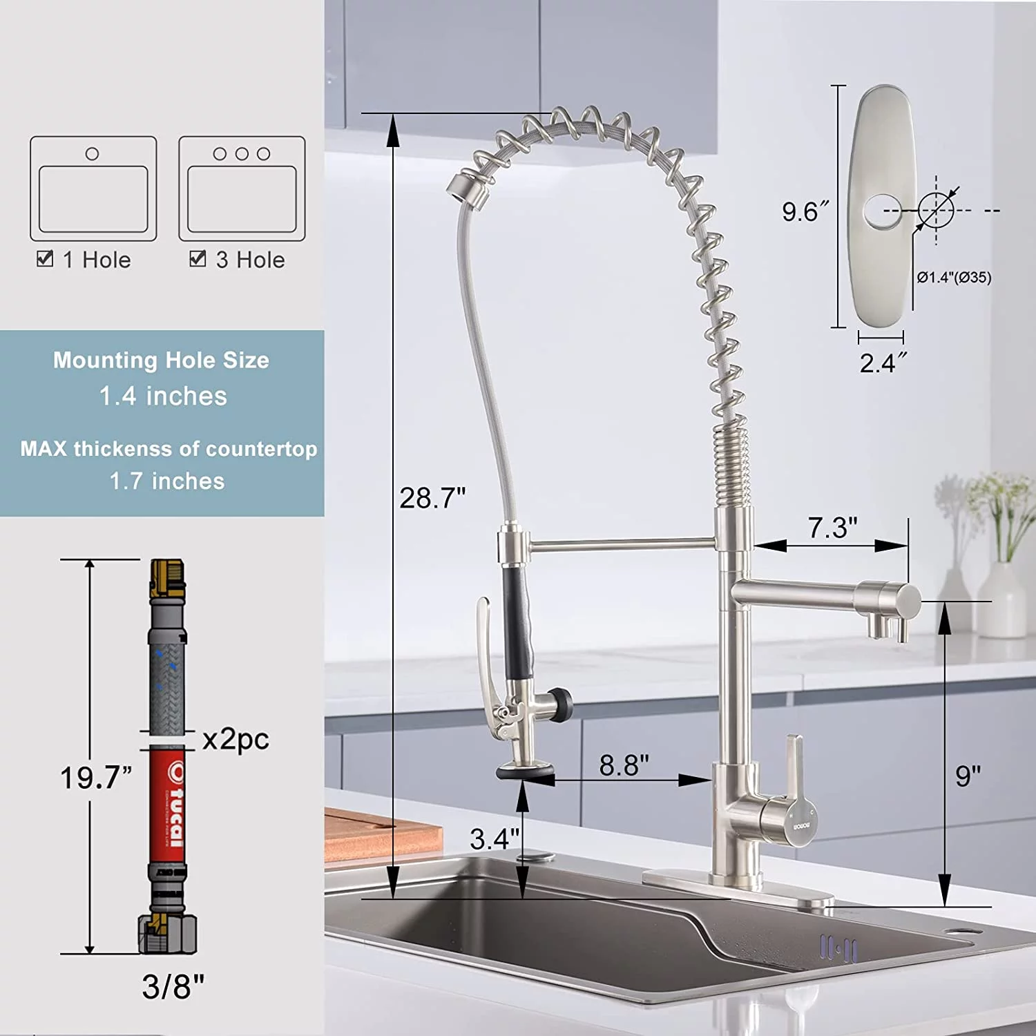 WOWOW Brushed Nickel Spring Kitchen Faucet with Pre-Rinse Pull Down Sprayer