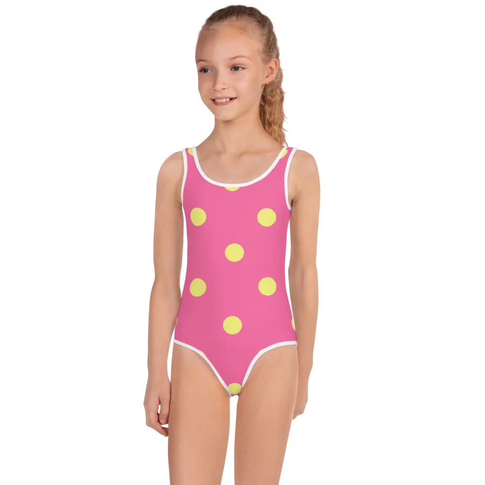 Brilliant Rose Pink with Dolly Yellow Polka Dots Kids Swimsuit, Swimwear for Girls (7)