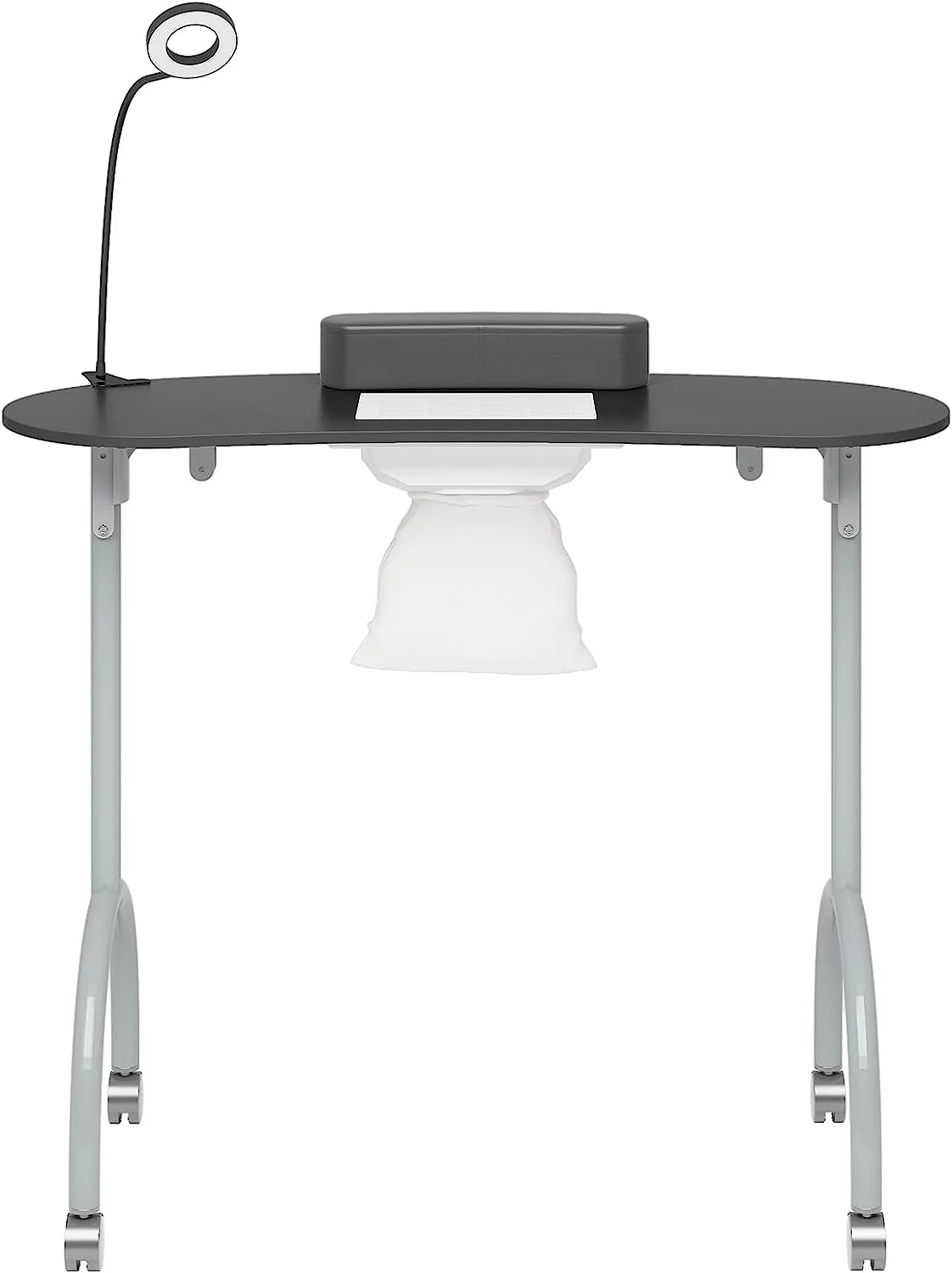 Muhub Portable Movable Manicure Nail Table, Pure Black Foldable Manicure Table with Dust Collector Fan, 4 Lockable Wheels and Carry Bag, LED Lamp, Professional Nail Desk with Wrist Cushion