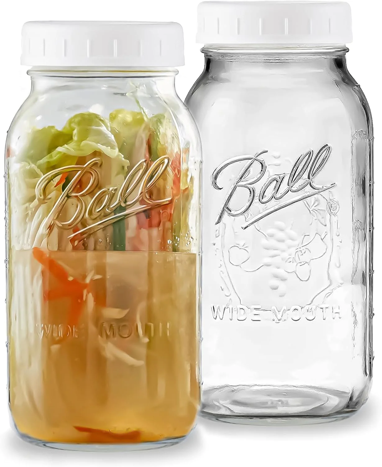 Wide Mouth Mason Jars 64 oz - (2 Pack) - Ball Wide Mouth 64-Ounces Half Gallon Mason Jars with White M.E.M Food Storage Plastic Lid
