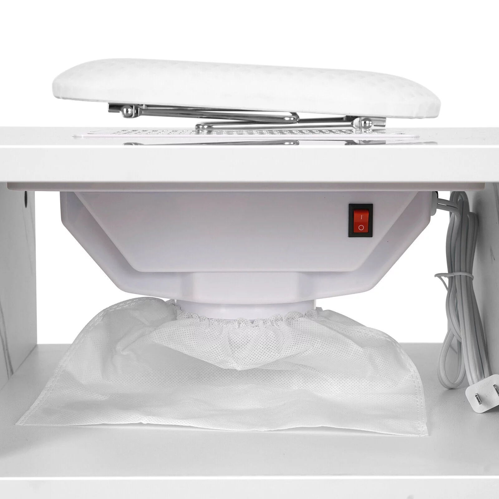 Marble White Manicure Table Nail Desk Technician Desk Salon Workstation with Electric Dust Collector, Shelves, Foldable Armrest, Golden Legs