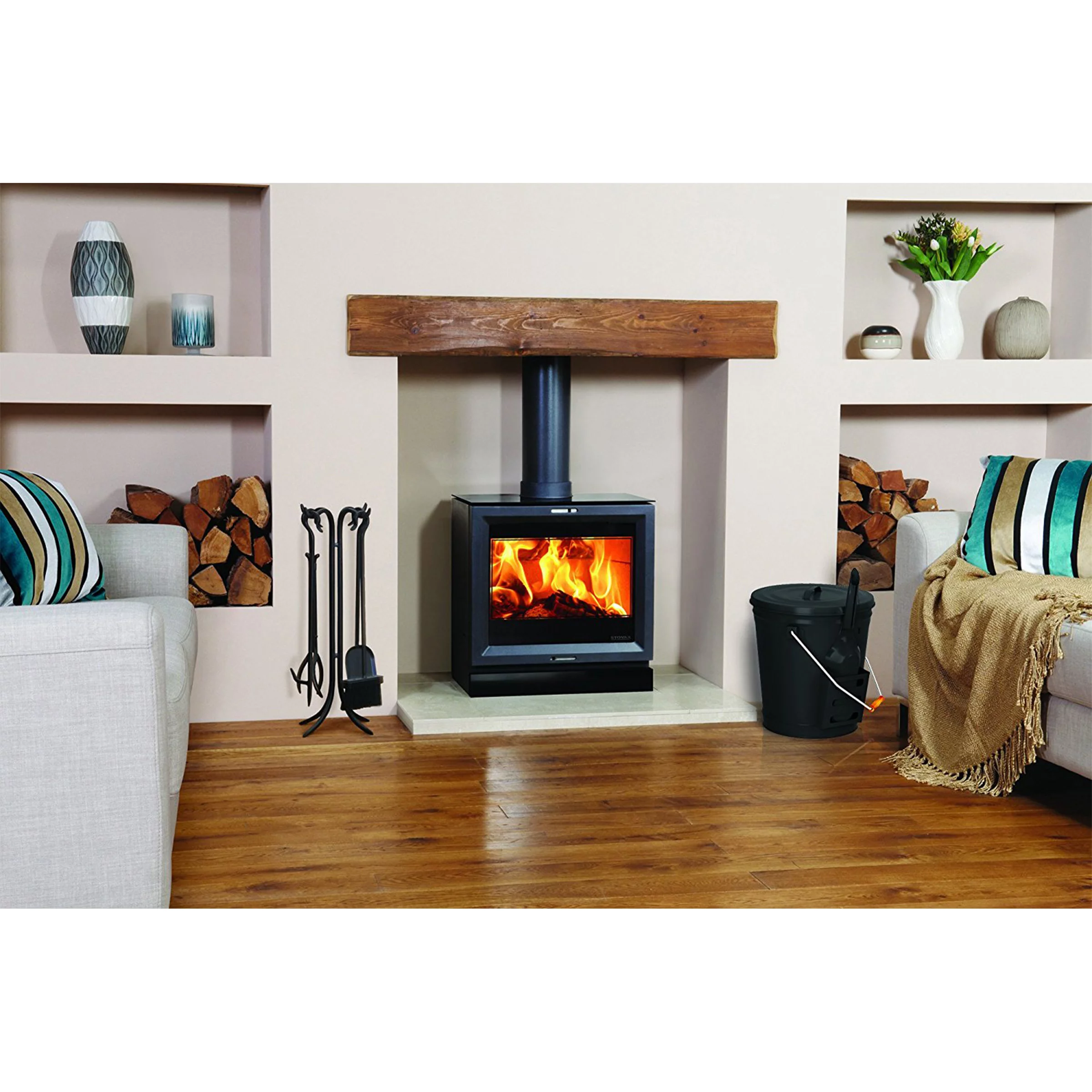 Home-Complete 4.75-Gallon Metal Ash Bucket with Lid and Shovel (Black)