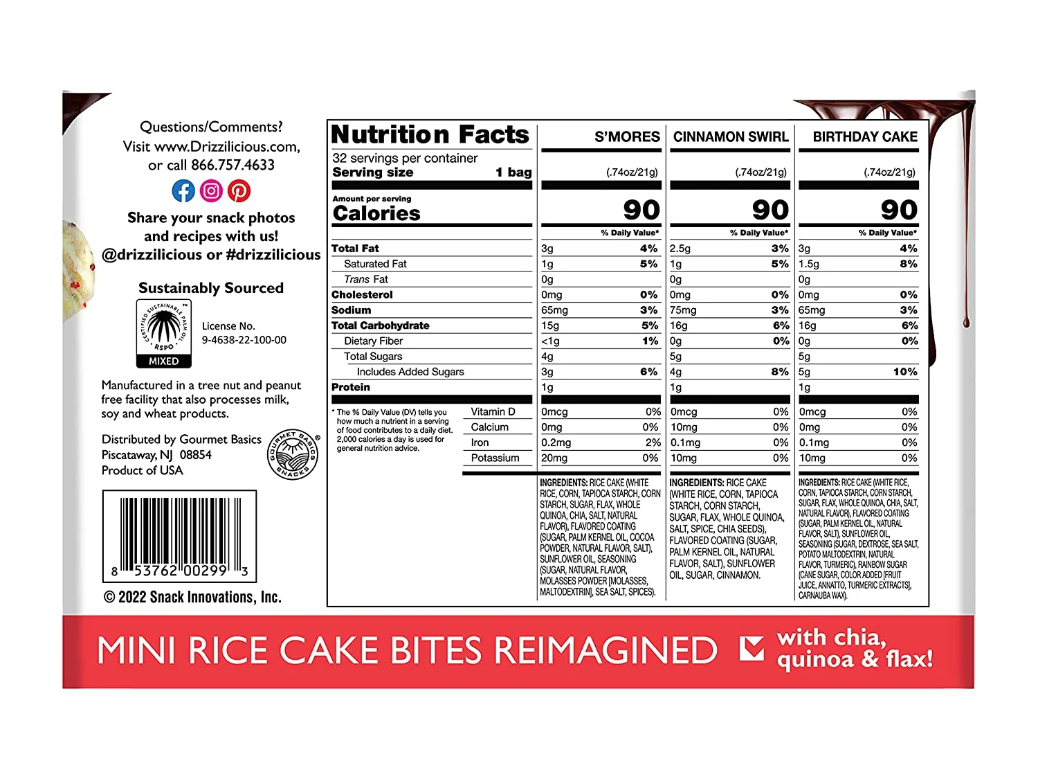 Drizzilicious Variety Pack .74oz 32 count | S'mores, Cinnamon Swirl and Birthday Cake | Mini Snack Chocolatey Rice Cakes | Vegan Air Popped Chia, Quinoa, Flax Snack …