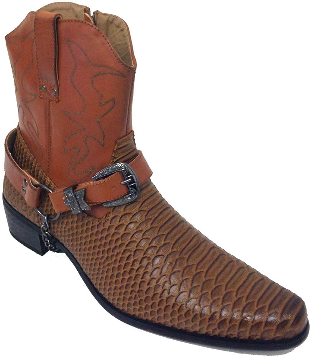 Men's Cowboy Boots Western Snake Skin Print Alligator Crocodile Zippper Buckle Harness