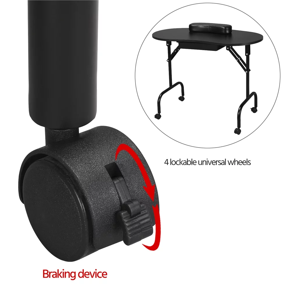 Alden Design Folding Manicure Table with Lockable Wheels and Bag, Black