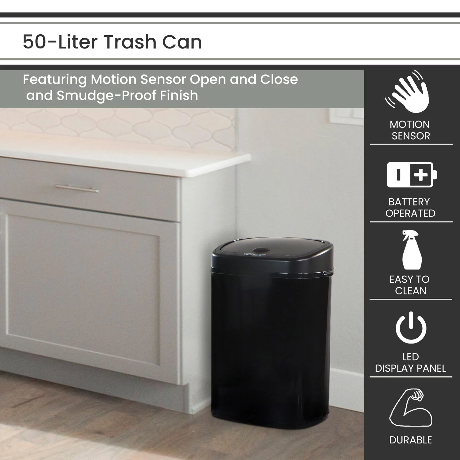 Hanover Hands Free Trash Can Garbage Bin, Fingerprint resistant, 50 Liter/13.2 Gallon