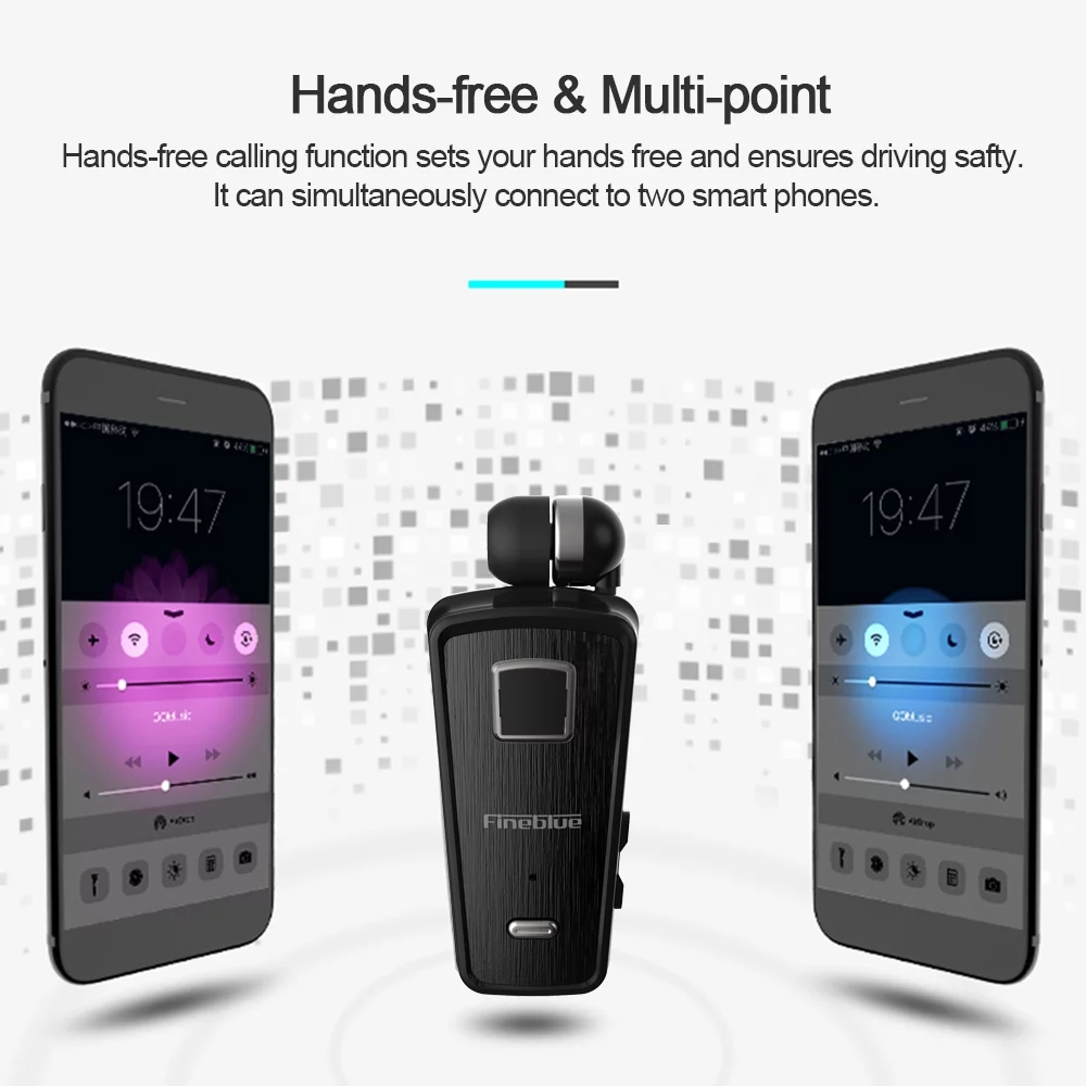 Fineblue F980 Clip-on 4.0 Headphones Cable Retractable Earphone Stereo  Headsets Vibration Alert Hands-free w/ Microphone Multi-point Connection