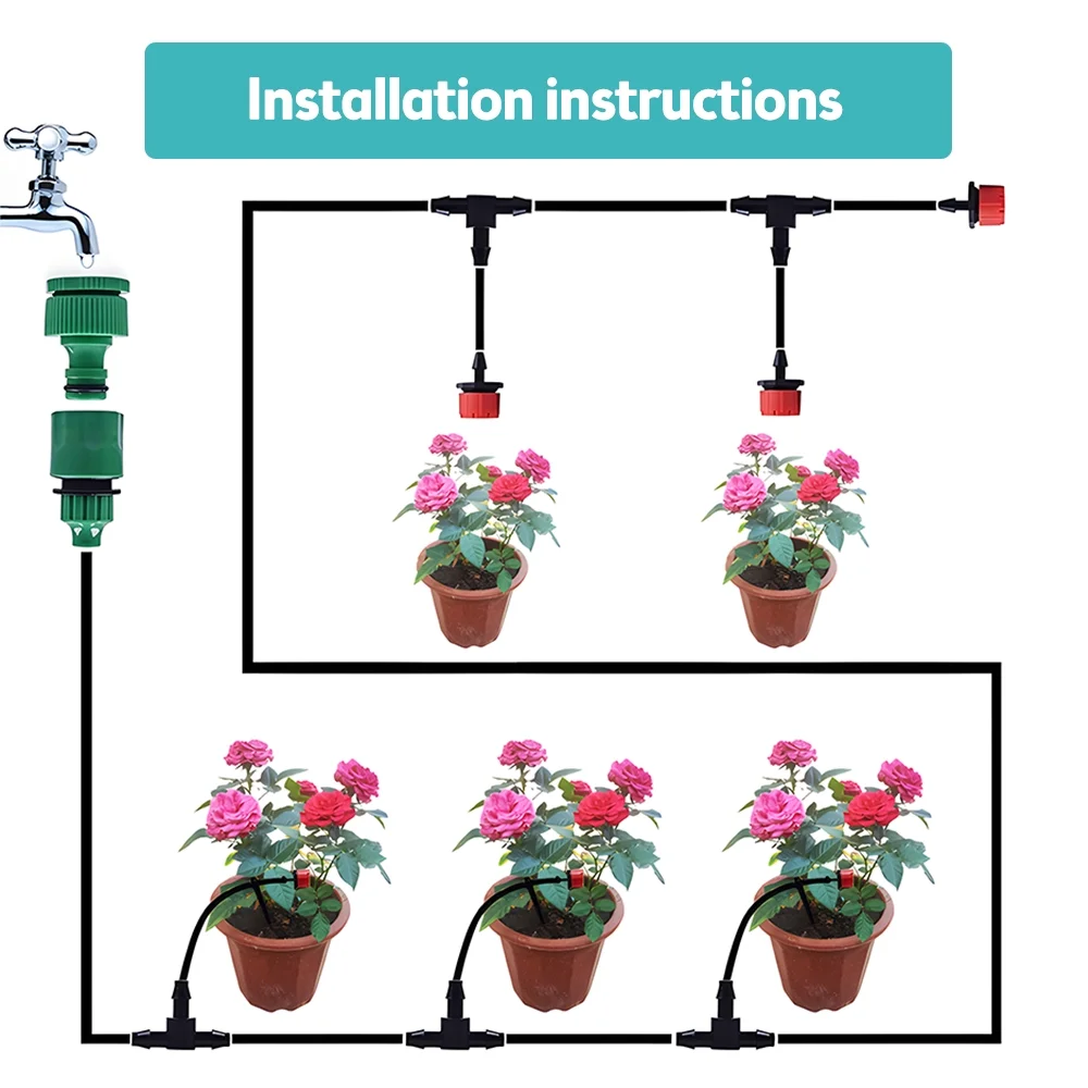 Drip Irrigation System Kit - 49FT Automatic Irrigation System Patio Misting Plant Watering System with 4/7-inch Irrigation Tubing Hose Adjustable Nozzle Emitters Fittings for Garden / Greenh