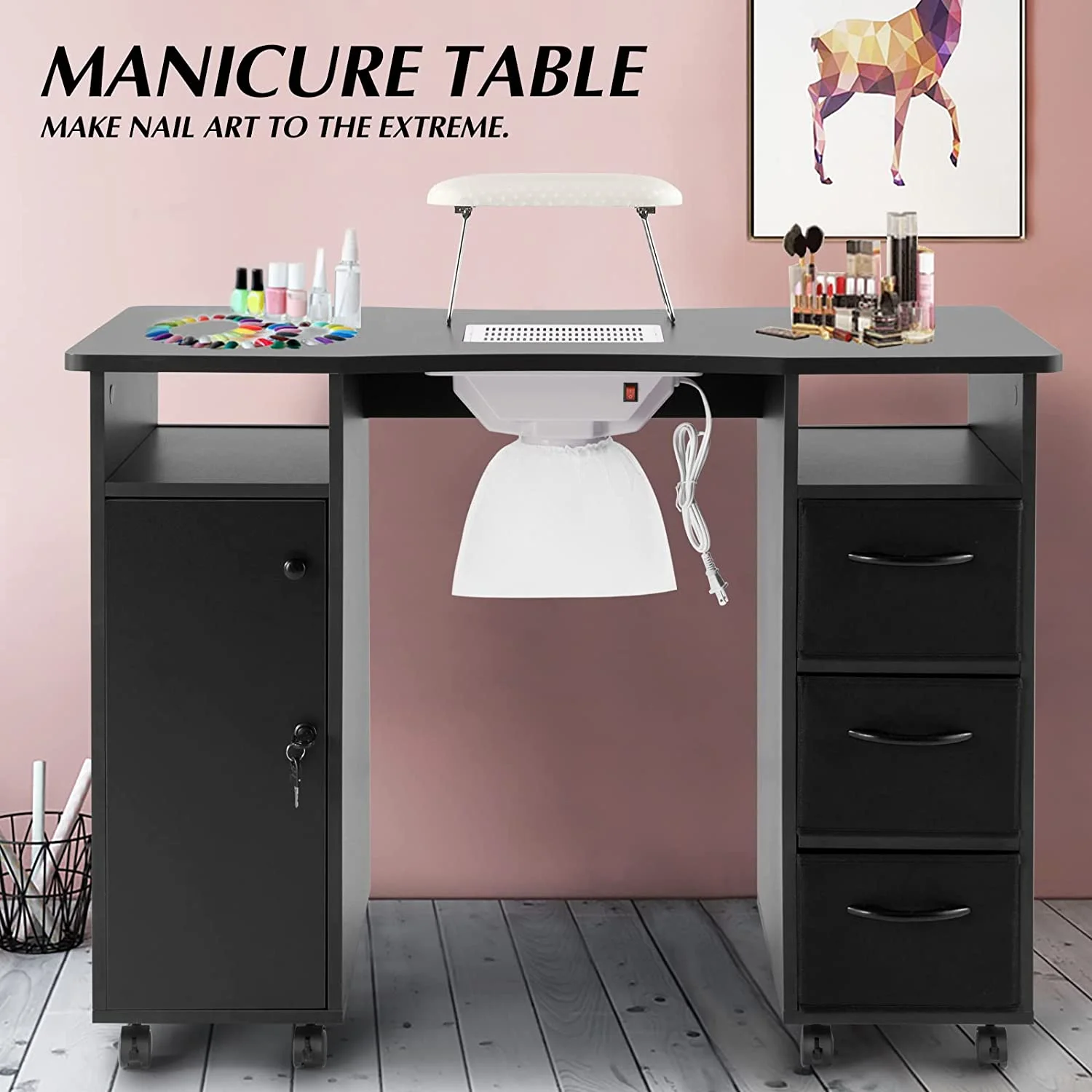 YiSHOP Manicure Table, Nail Beauty Manicure Desk, Nail Tech Table Station with Electric Downdraft Vent, Wrist Cushion, Lockable Wheels, Storage Drawers, Wooden Handle, Black