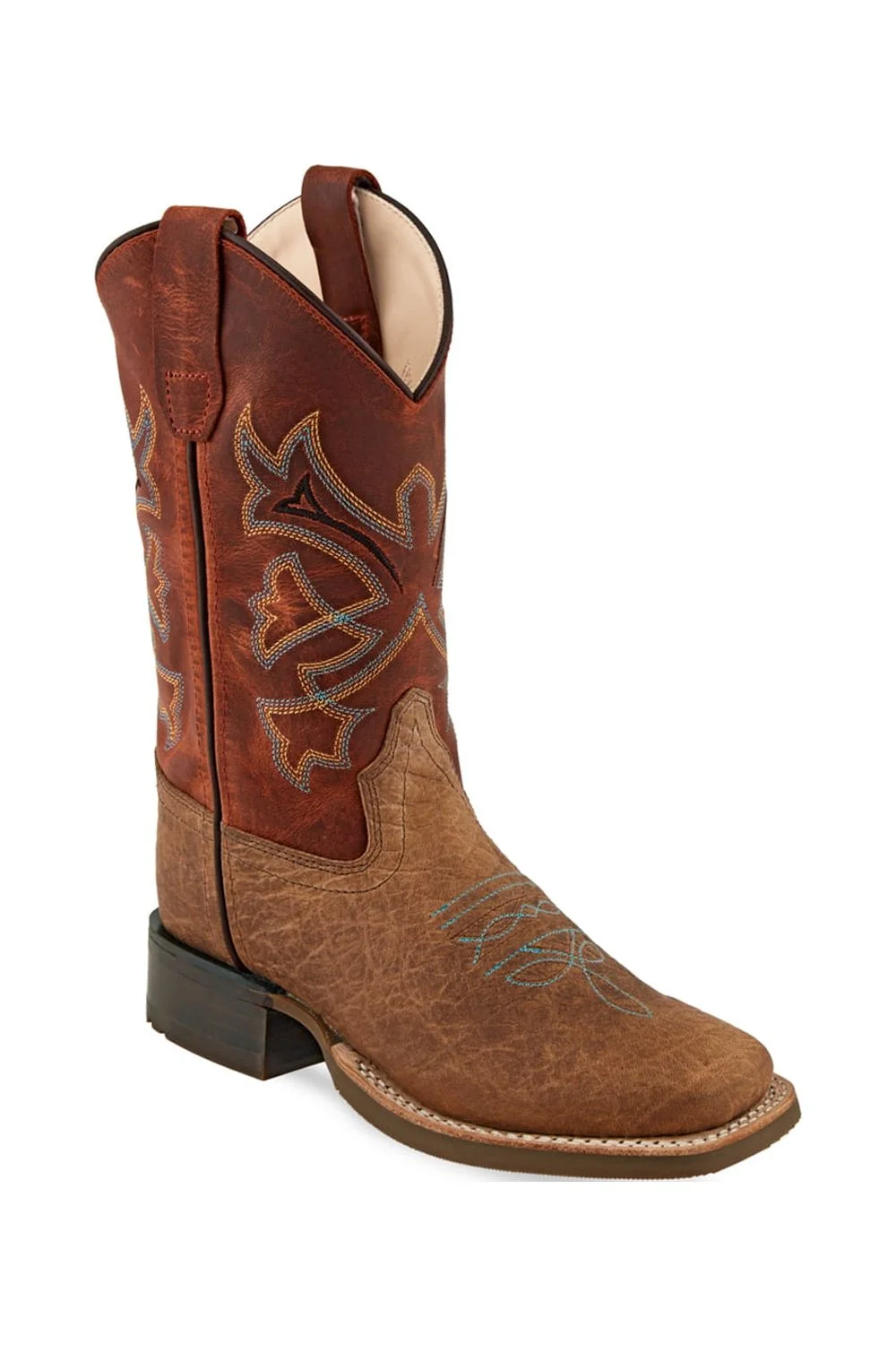 Old West Brown/Burnt Red Children Boys Leather 6-Row Cowboy Boots 13.5D
