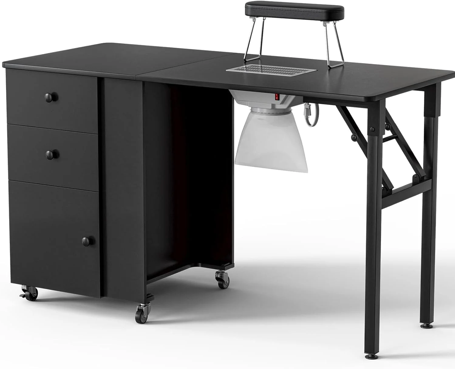 YiSHOP Foldable Manicure Table Nail Desk, Foldable Rolling Nail Table Station with Built-in Dust Collector, Adjustable Length, Wrist Pad & Lockable Rolling Wheels, Storage Desk for Nail Tech(Black)