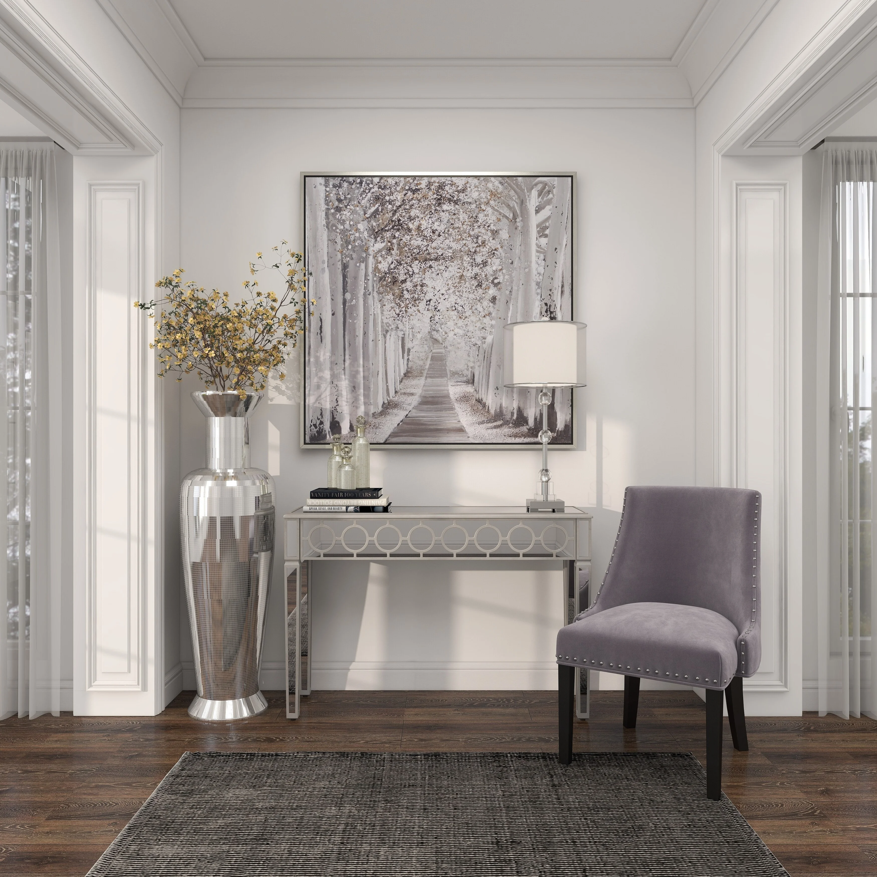 Studio 350 Silver Polystone Tall Floor Vase with Mosaic Mirror Inlay