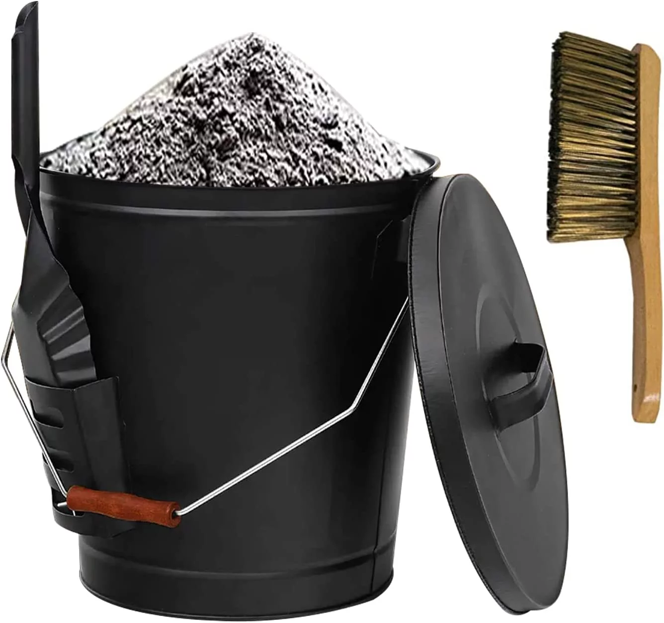 Fireplace Ash Bucket with Lid Shovel and Hand Broom, 5.15 Gallon Charcoal Wood Fire Pits Burning Stoves, Coal/ Large Pellet Metal Buckets/Hot Wood Carrier Pail Fire Pits Ash Can Cleaning Tools