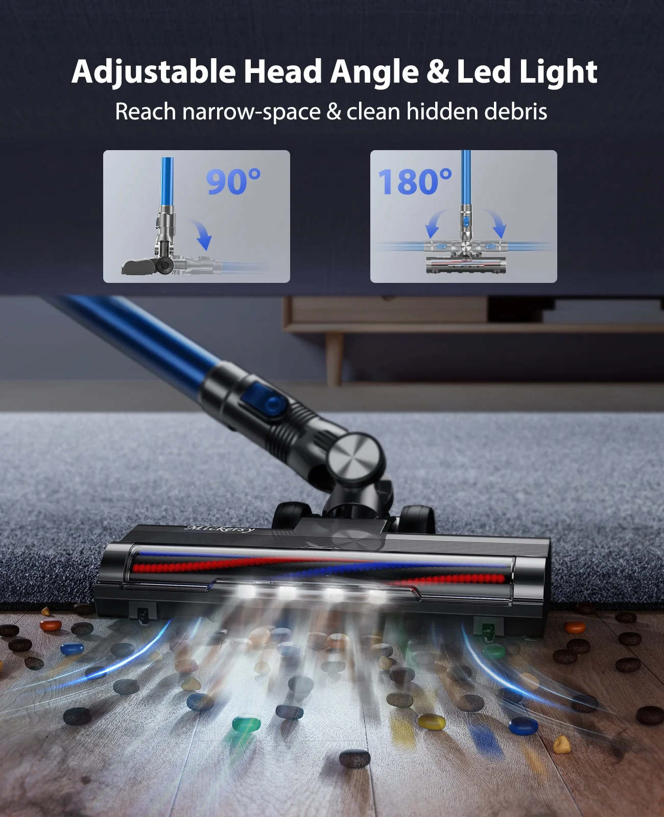 Cordless Vacuum Cleaner, Power Stick Vacuum 450W 36Kpa with Long Runtime Detachable Battery, Vacuum Cleaner with LED Display Lightweight & Quiet, for Pet Hair, Floor, Carpet, 1.5L Dust Cup