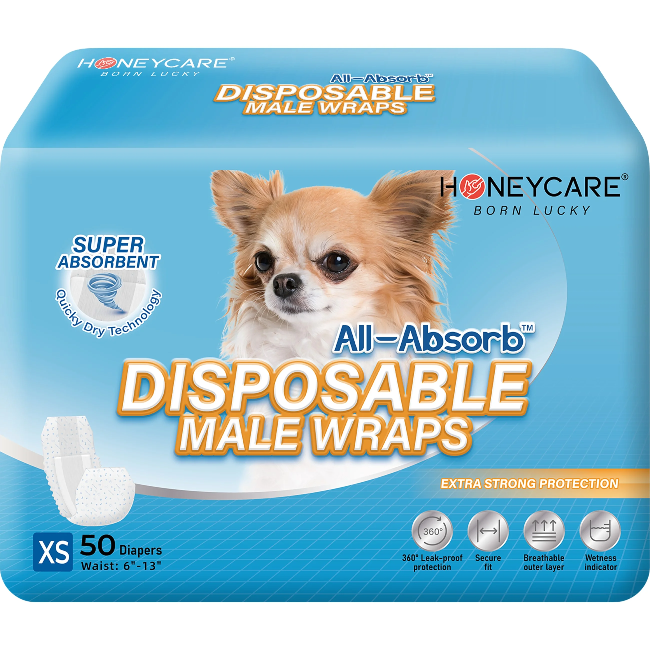 Honey Care All-Absorb A27 Disposable Male Dog Wrap,50 Count,Extra Small,Super Absorbent,Breathable