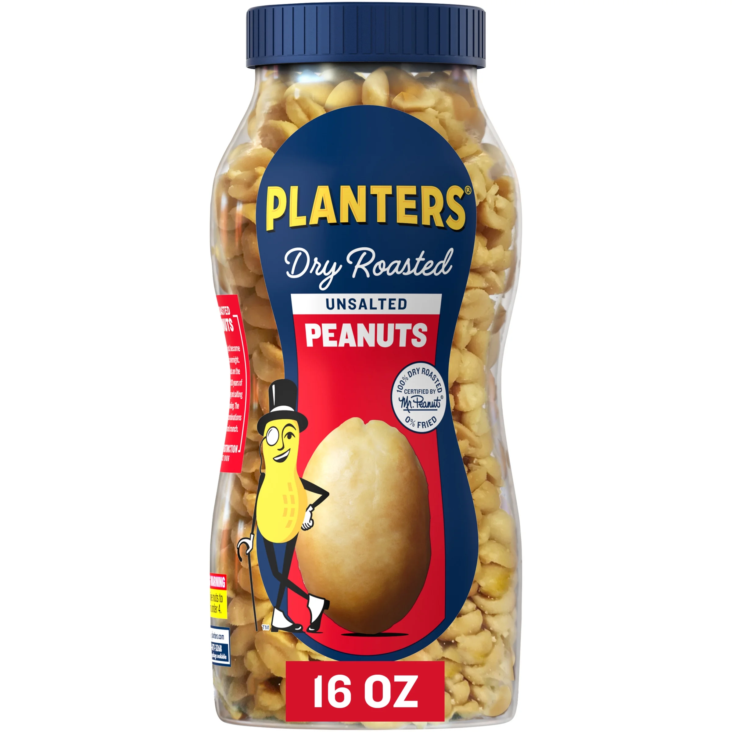 PLANTERS Unsalted Dry Roasted Peanuts, Party Snacks, Plant Based Protein 16oz (1 Jar)