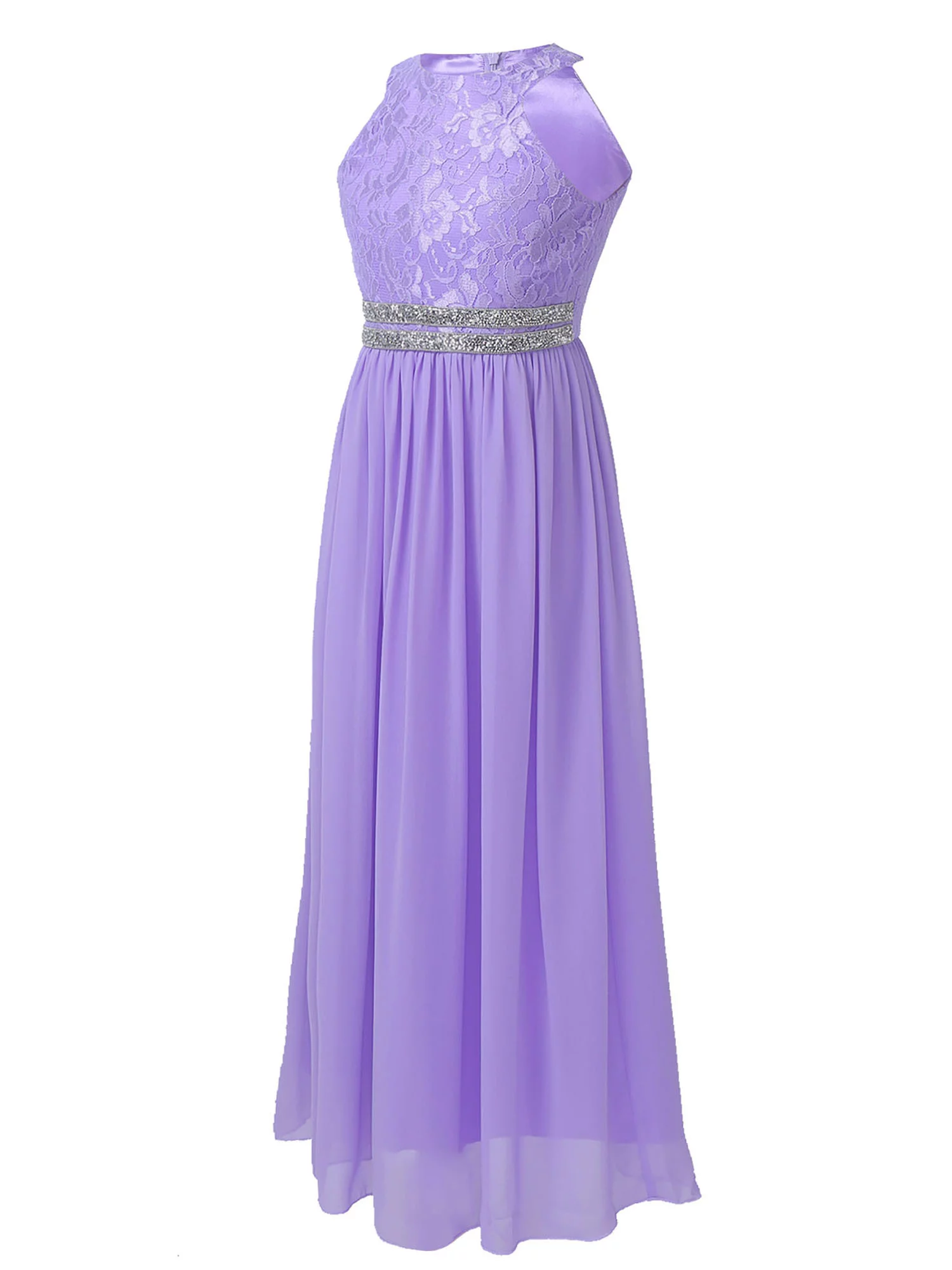 Aislor Kids Lace Flower Girls Dress Sequins Halter Chiffon Dress Long Maxi Junior Bridesmaid