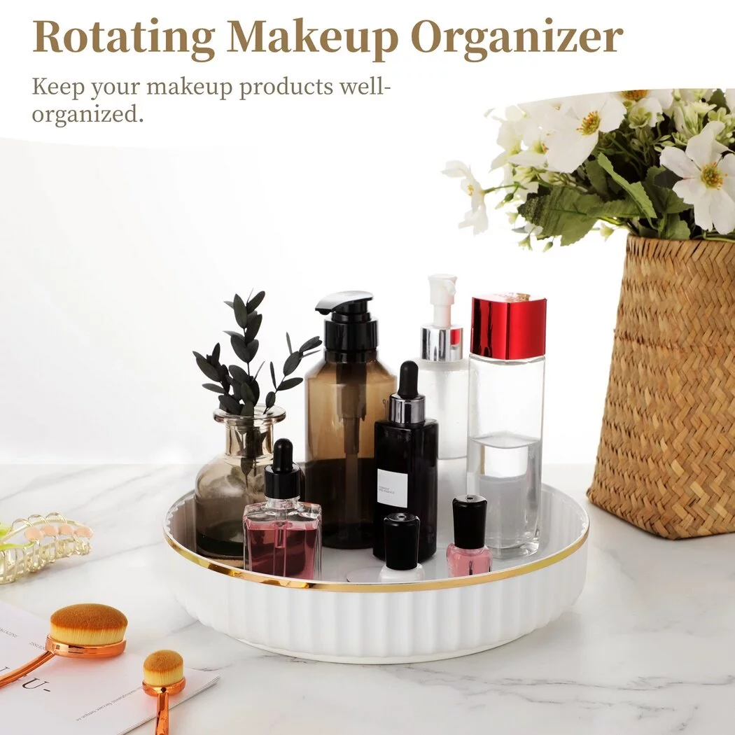 Makeup Organizer, 360° Rotating Makeup Holder, Round Plastic Cosmetic Storage Tray, Rotatable Display Holder for Living Room Kitchen Bathroom, 10 Inch, White
