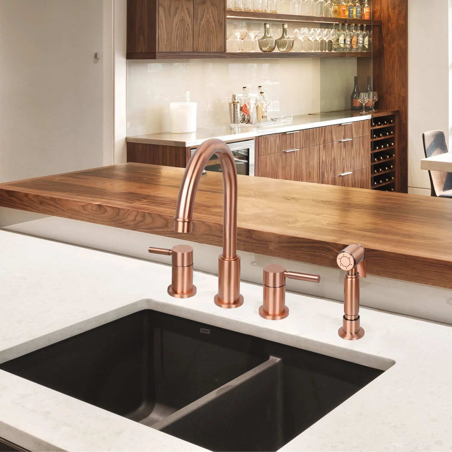 Akicon Two-Handles Copper Widespread Kitchen Faucet with Side Sprayer Copper Copper Finish