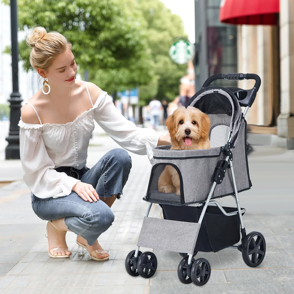 Pet Stroller 4 Wheel with Storage Basket and Cup Holder Foldable Lightweight Trolley for Small Medium Cats & Dogs-Gray
