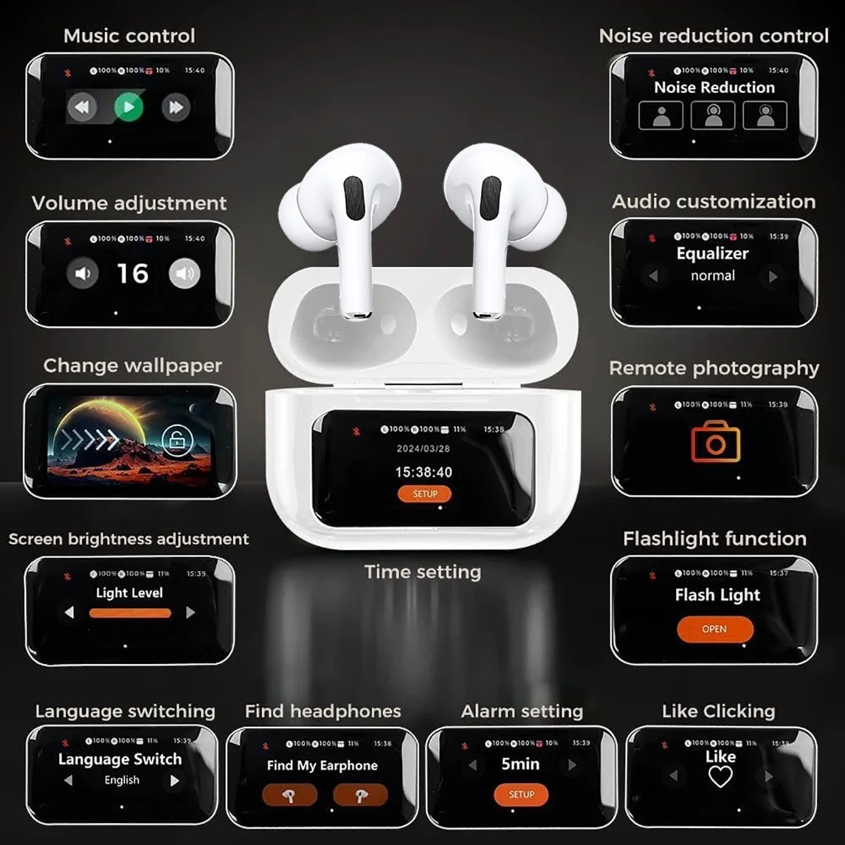 Noise Cancelling Wireless Earbuds Bluetooth Touch Screen Control Earphones Pro 2 Generation for iPhone Android ANC/ENC