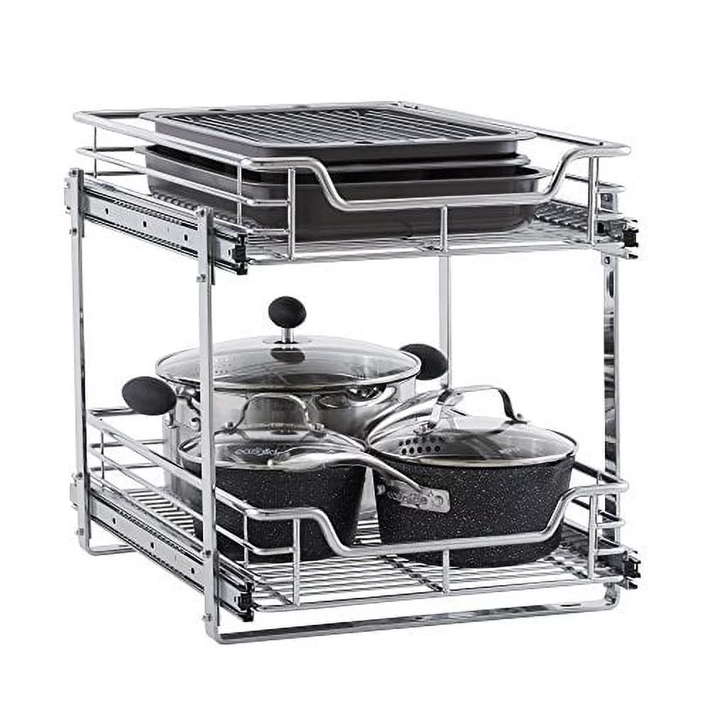 C21521-1 Glidez 2-Tier Sliding Organizer - Dual Pull Out Cabinet Shelf - Chrome - 14.5 Inches Wide