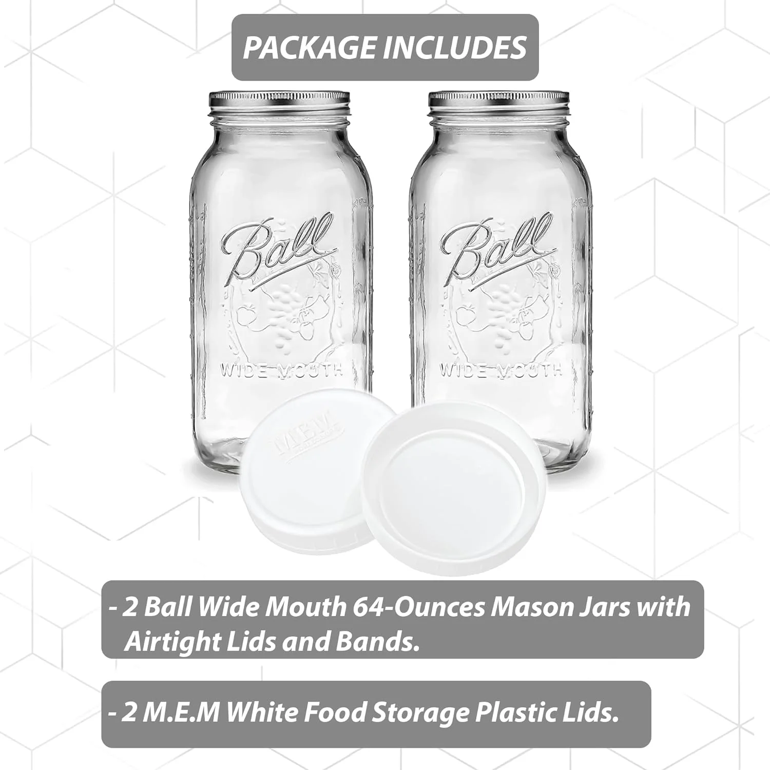 Wide Mouth Mason Jars 64 oz - (2 Pack) - Ball Wide Mouth 64-Ounces Half Gallon Mason Jars with White M.E.M Food Storage Plastic Lid