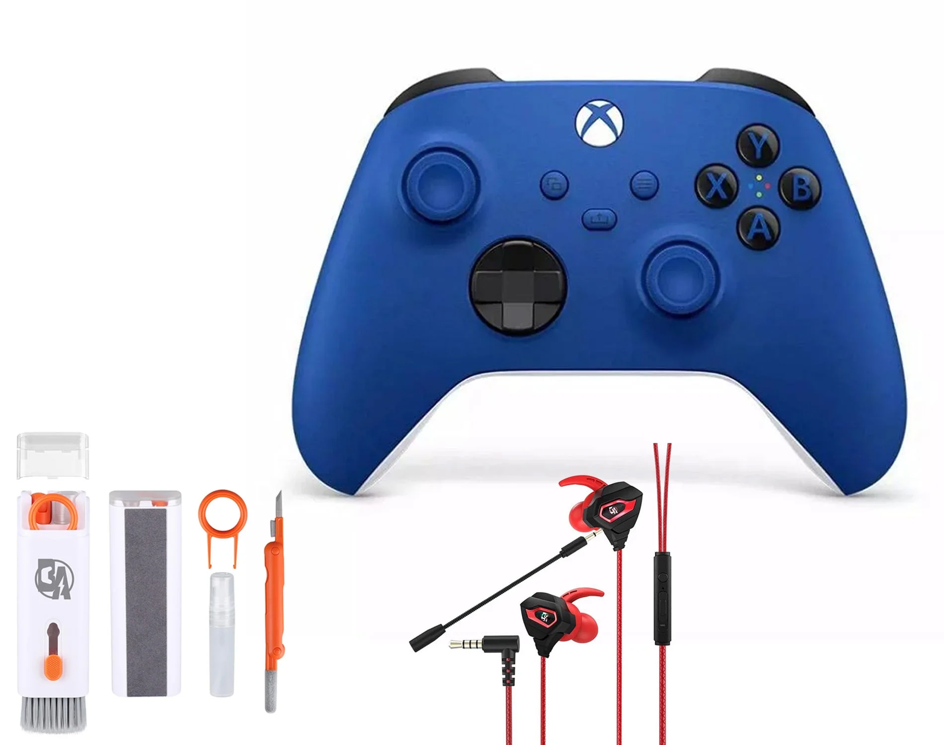 Microsoft Xbox Wireless Shock Blue Controller for Xbox Console + Wired Earbuds With Cleaning Kit BOLT AXTION Bundle Like New
