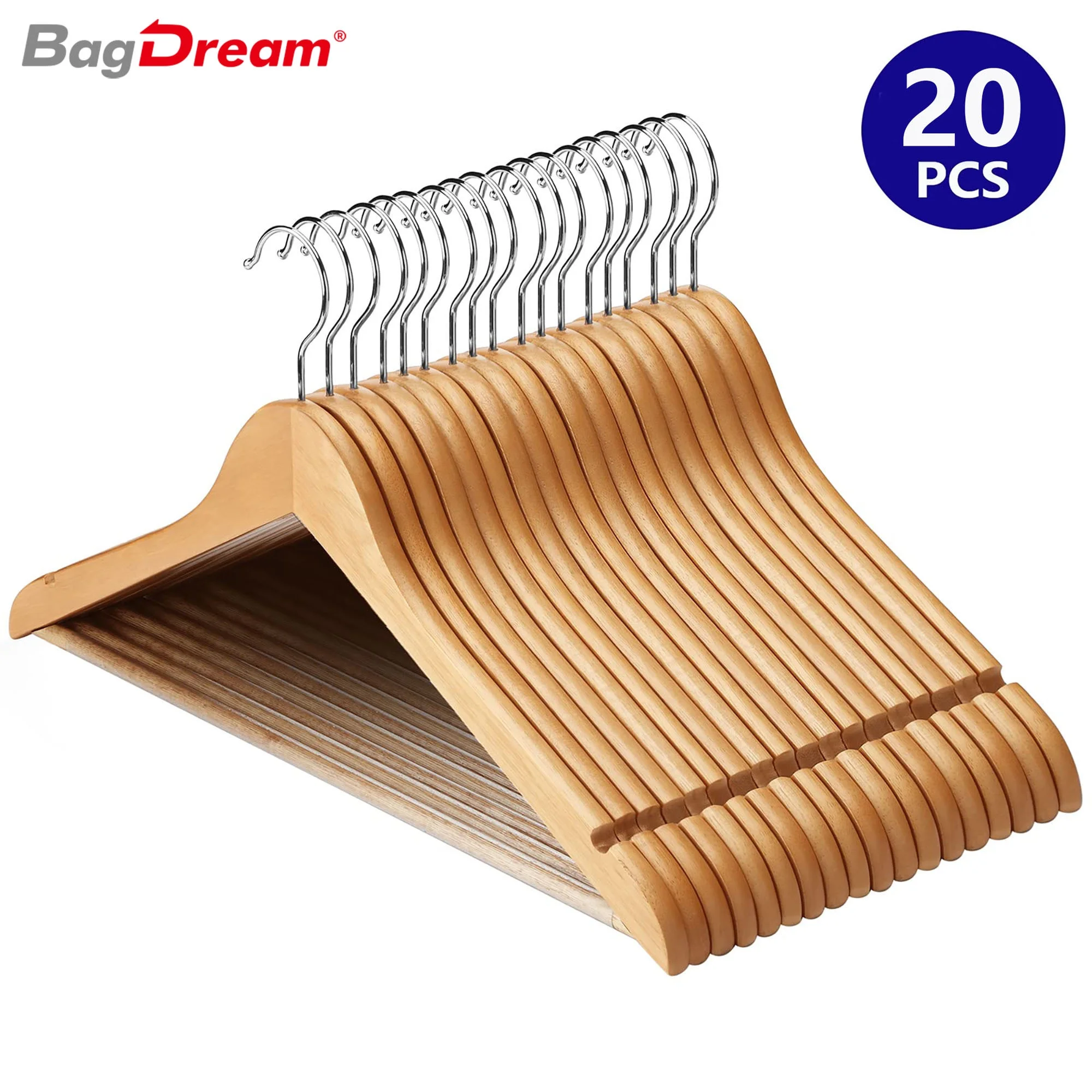 BagDream Wooden Coat Hangers 20 Pack Natural Wood Suit Hangers Non Slip with 360°Swivel Hook Clothes Hangers for Shirts, Jackets, Dress, Pant