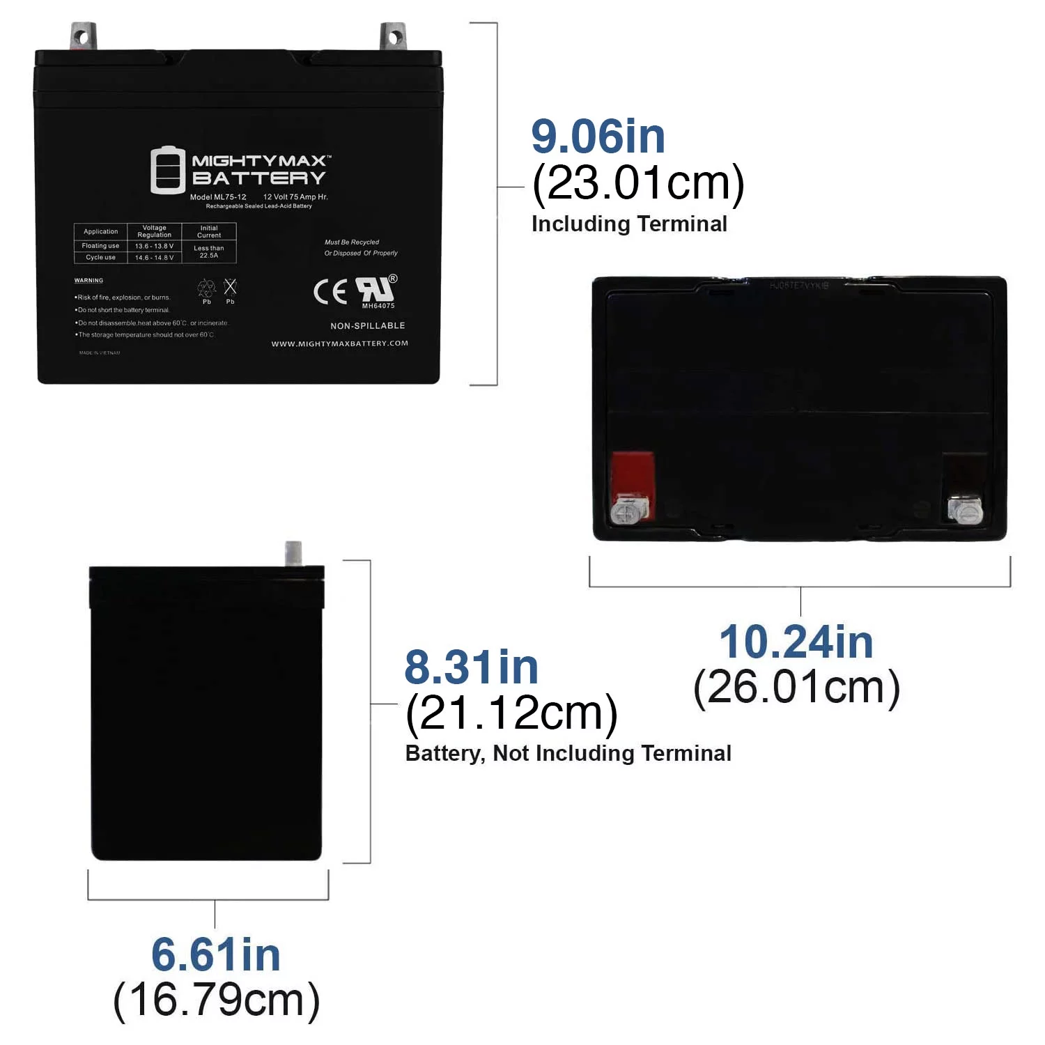 ML75-12 - 12 Volt 75 AH, Nut and Bolt (NB) Terminal, Rechargeable SLA AGM Battery