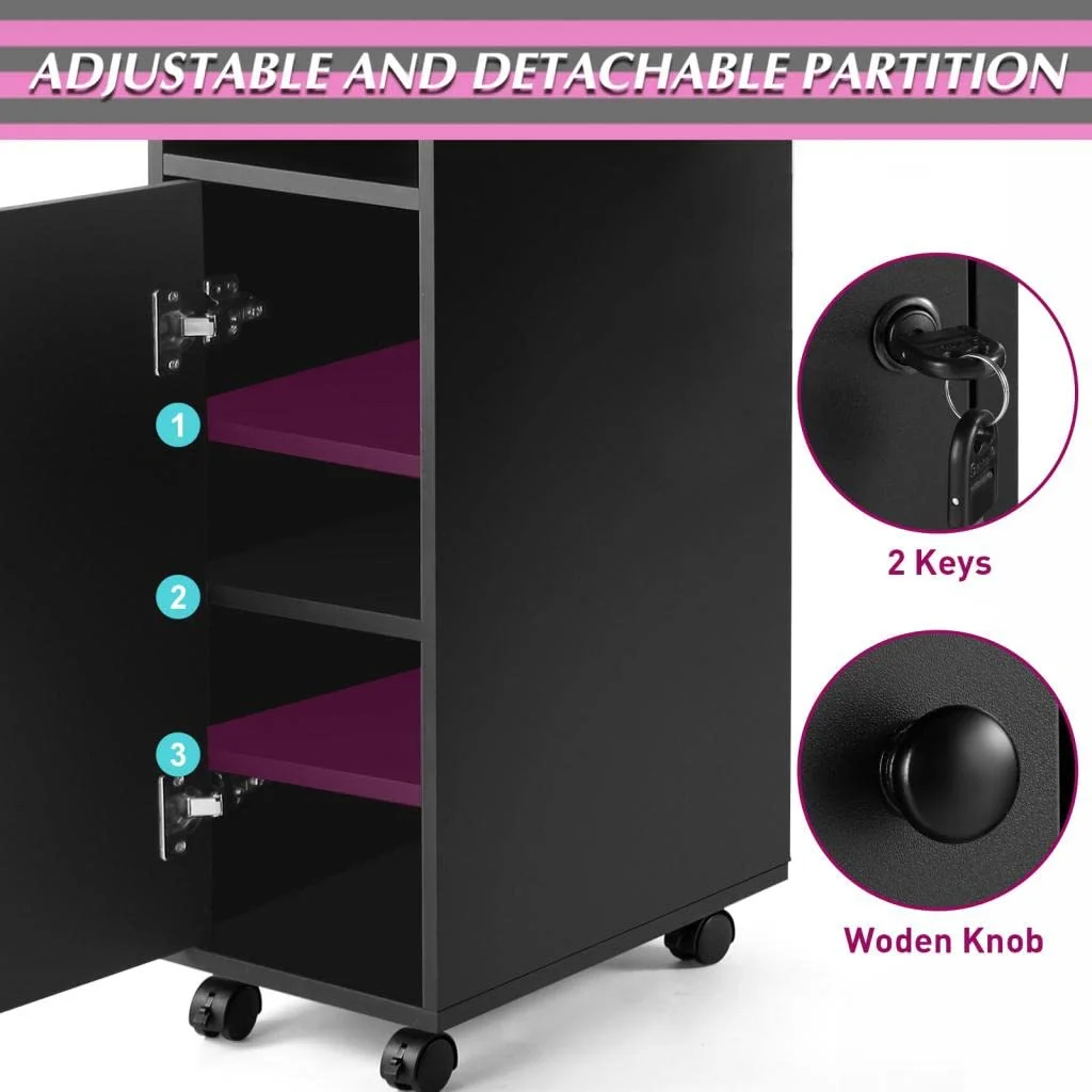 YiSHOP Manicure Table, Nail Beauty Manicure Desk, Nail Tech Table Station with Electric Downdraft Vent, Wrist Cushion, Lockable Wheels, Storage Drawers, Wooden Handle, Black