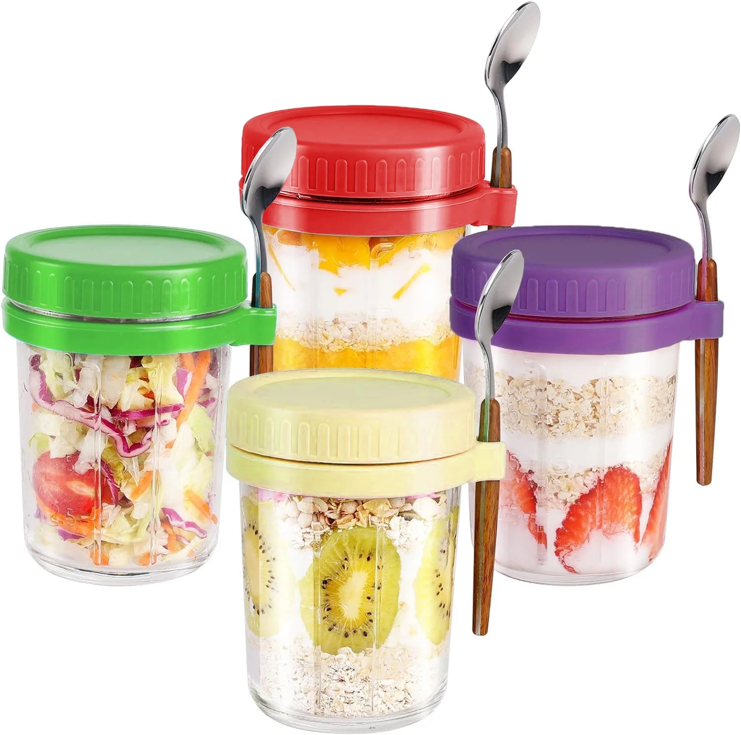 SUSWIM 4 Pack Overnight Oats Containers with Lids and Spoons, 16 oz Glass Mason Overnight Oats Jars, Large Capacity Airtight Jars for Milk, Cereal, Fruit（red，yellow，green，Purple）