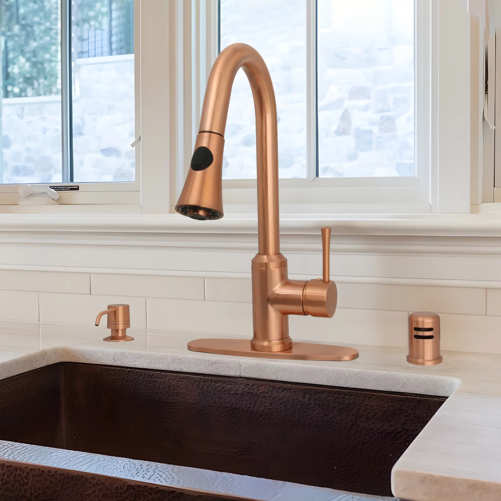 Akicon One-Handle Pull-Down Copper Kitchen Faucet - 16