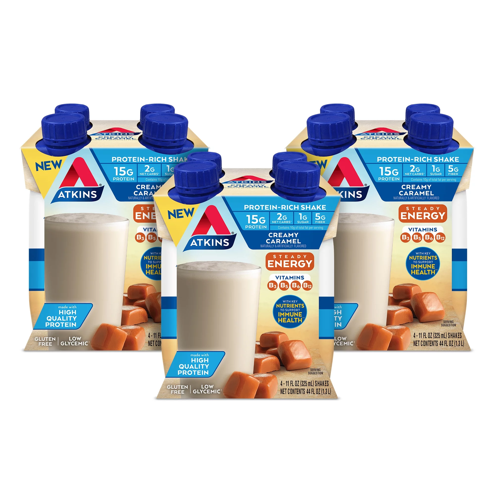 Atkins Steady Energy Protein-Rich Meal Replacement Shake, Creamy Caramel, 11 fl oz, 4 Count, 3 Pack