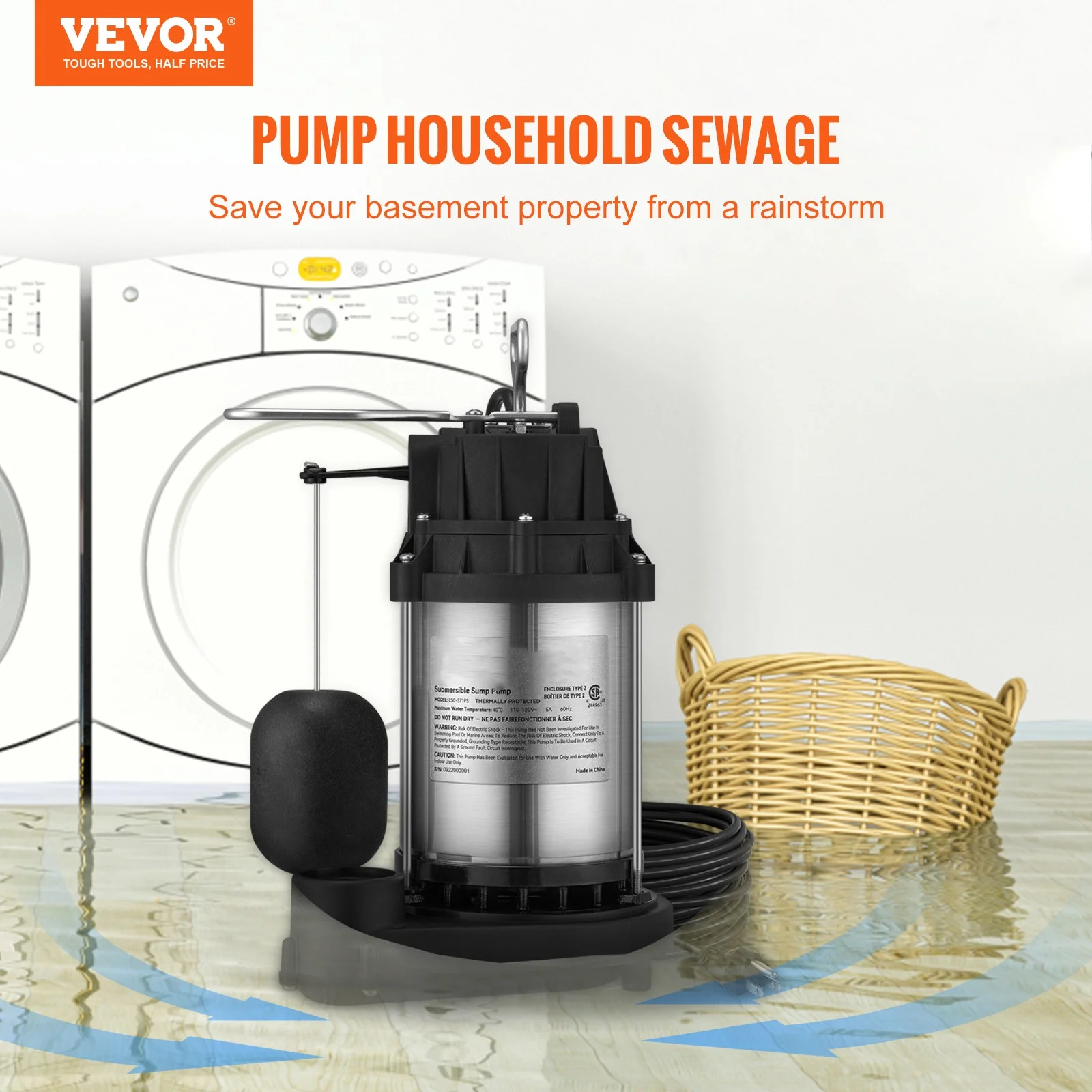 BENTISM Submersible Sump Pump Water Pump 1/2 HP 4320GPH Cast Iron Steel Basement