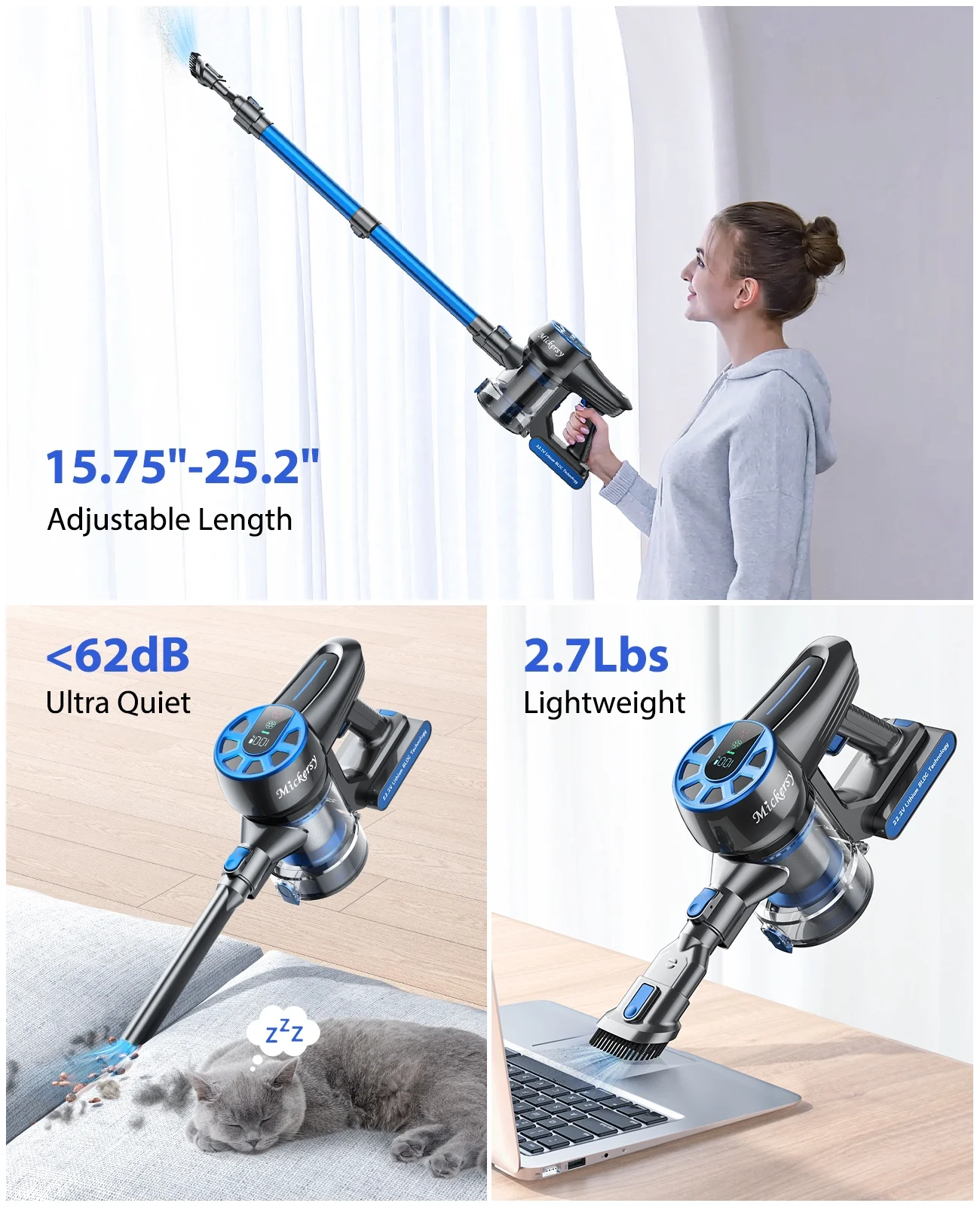 Cordless Vacuum Cleaner, Power Stick Vacuum 450W 36Kpa with Long Runtime Detachable Battery, Vacuum Cleaner with LED Display Lightweight & Quiet, for Pet Hair, Floor, Carpet, 1.5L Dust Cup