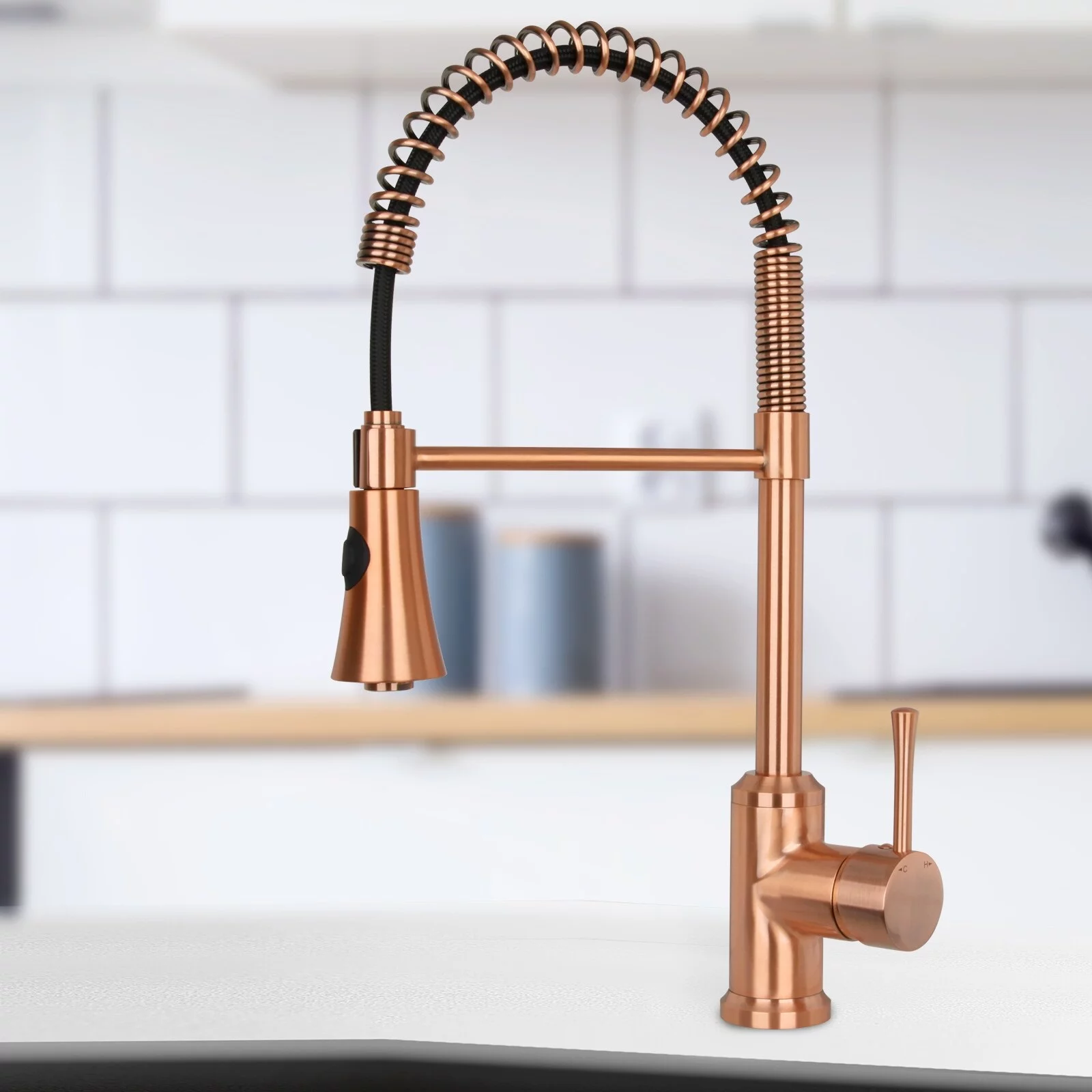 Copper Pre-Rinse Spring Kitchen Faucet, Single Level Solid Brass Kitchen Sink Faucets with Pull Down Sprayer - 8.9x20.9