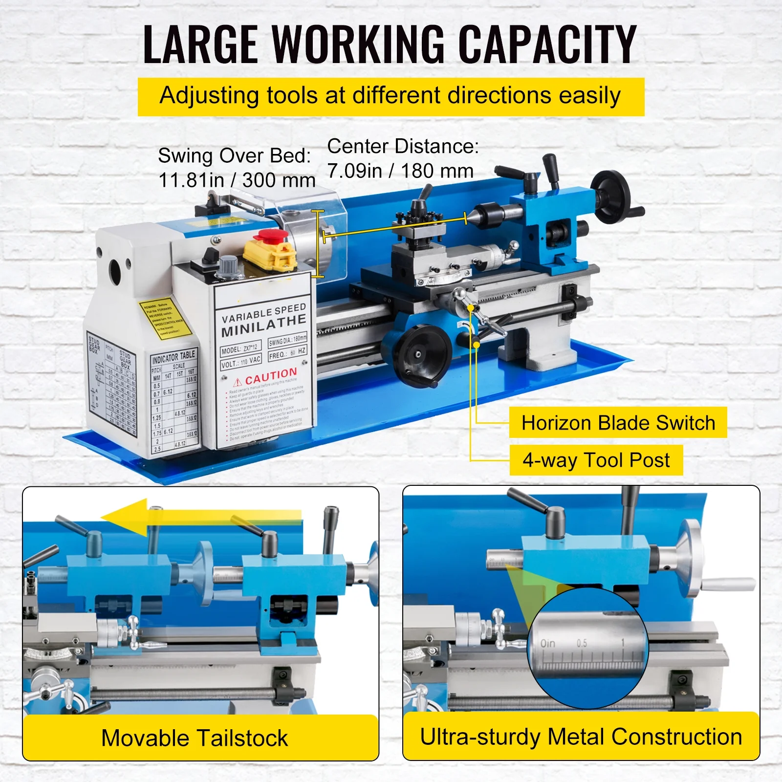 BENTISM Bench Top Mini Metal Milling Lathe 7x12 Variable Speed 0-2250 RPM w/ Lamp