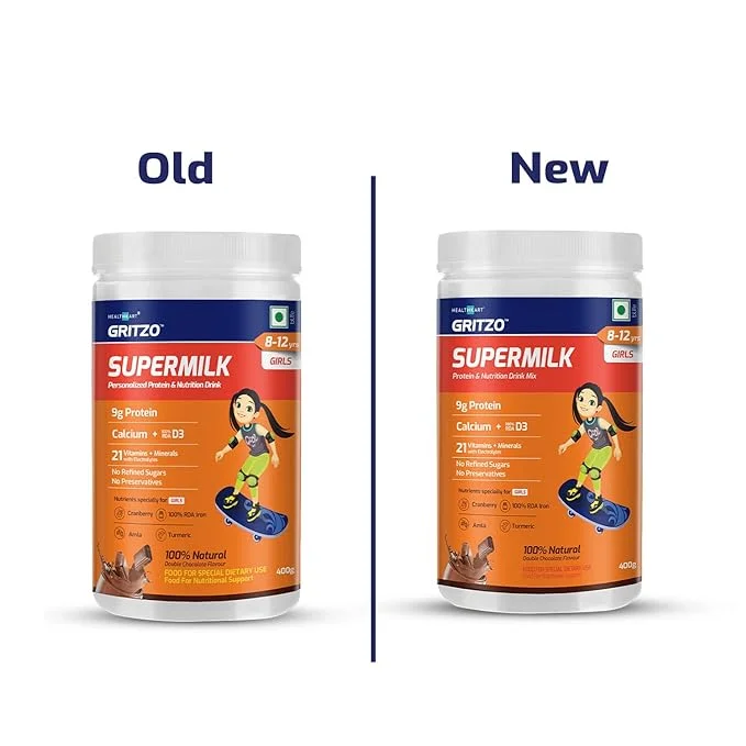 Gritzo Supermilk Protein Powder 8-12Y For Girls Double Chocolate Flavour, 400 G