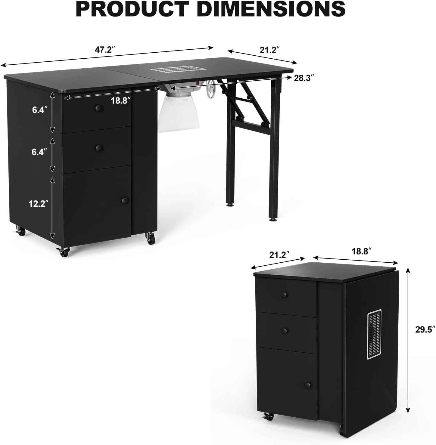 YiSHOP Foldable Manicure Table Nail Desk, Foldable Rolling Nail Table Station with Built-in Dust Collector, Adjustable Length, Wrist Pad & Lockable Rolling Wheels, Storage Desk for Nail Tech(Black)