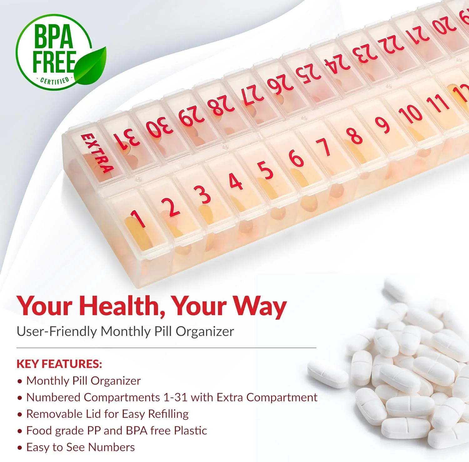 MEDca Pill Organizers Large Monthly 32 Compartments - 30 Day 1 Time a Day, BPA-Free Plastic, Clear