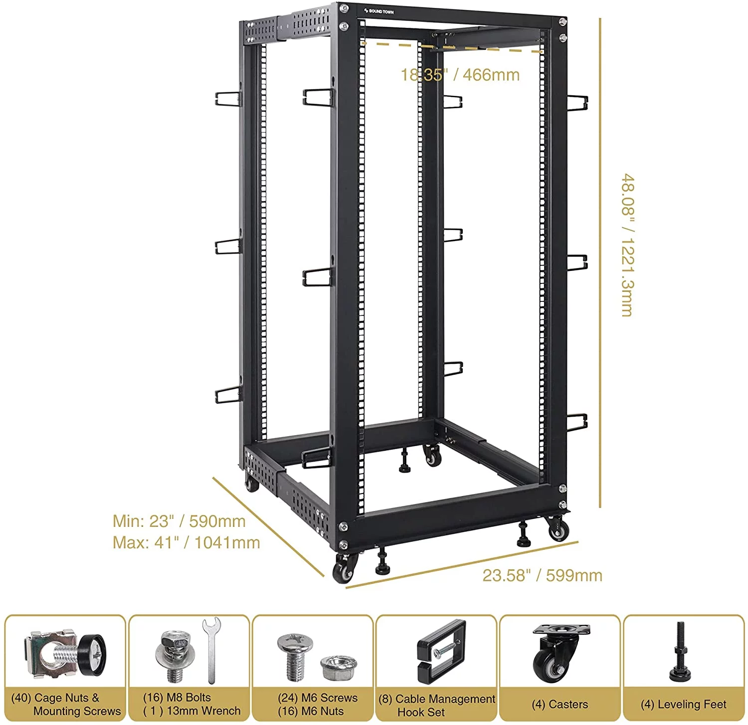 Sound Town 4-Post 25U Open Frame Sever and Network Equipment Rack with Adjustable Depth 22