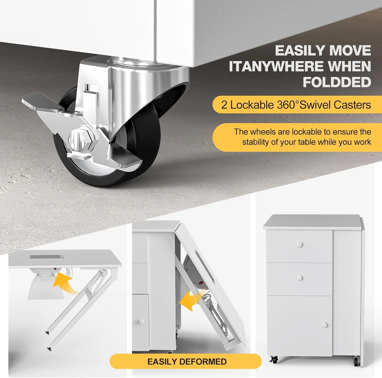 YiSHOP Foldable Manicure Table Nail Desk, Foldable Rolling Nail Table Station with Built-in Dust Collector, Adjustable Length, Wrist Pad & Lockable Rolling Wheels, Storage Desk for Nail Tech(Black)