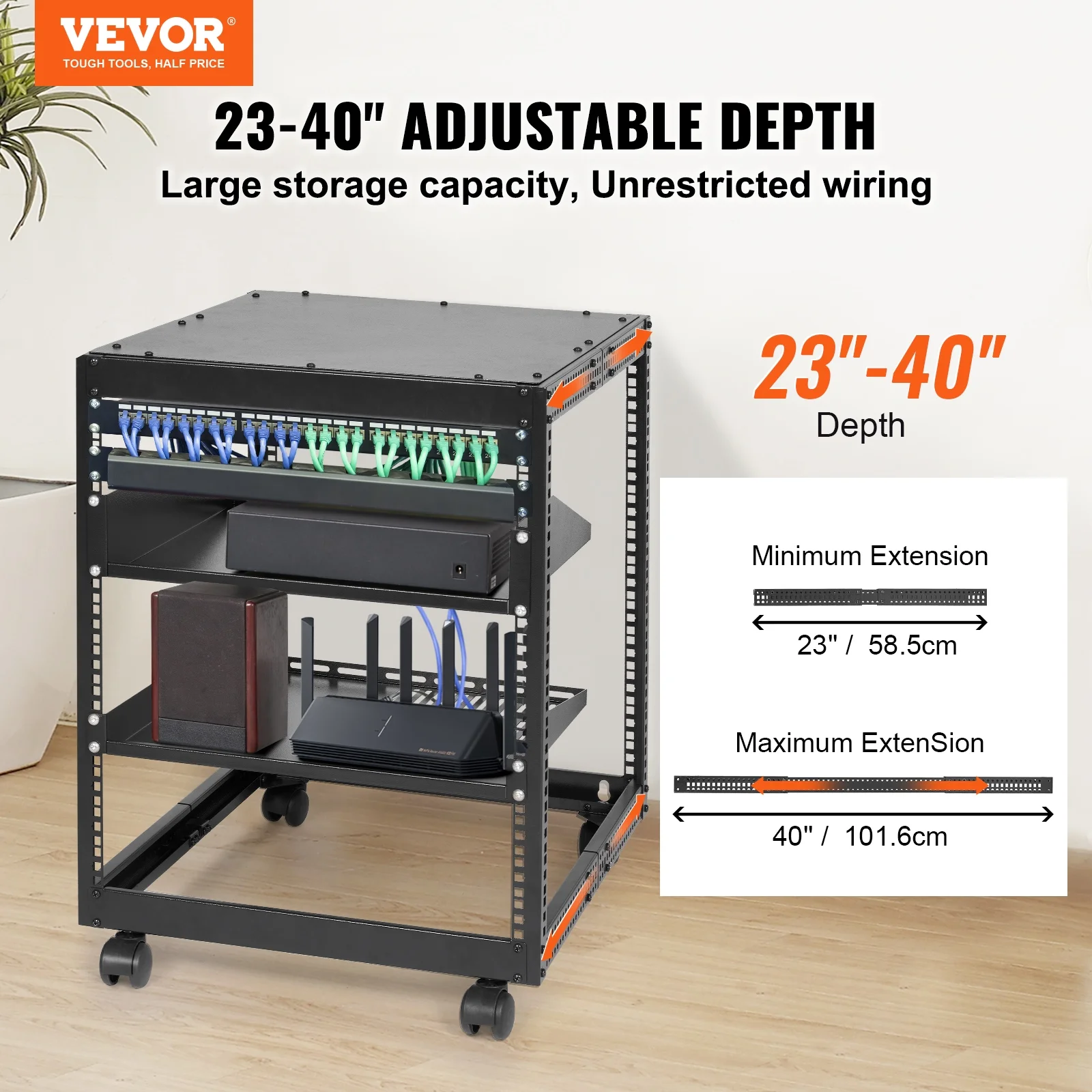 BENTISM 12U Open Frame Server Rack, 15''-40'' Adjustable Depth, Free Standing or Wall Mount Network Server Rack, 4 Post AV Rack with Casters
