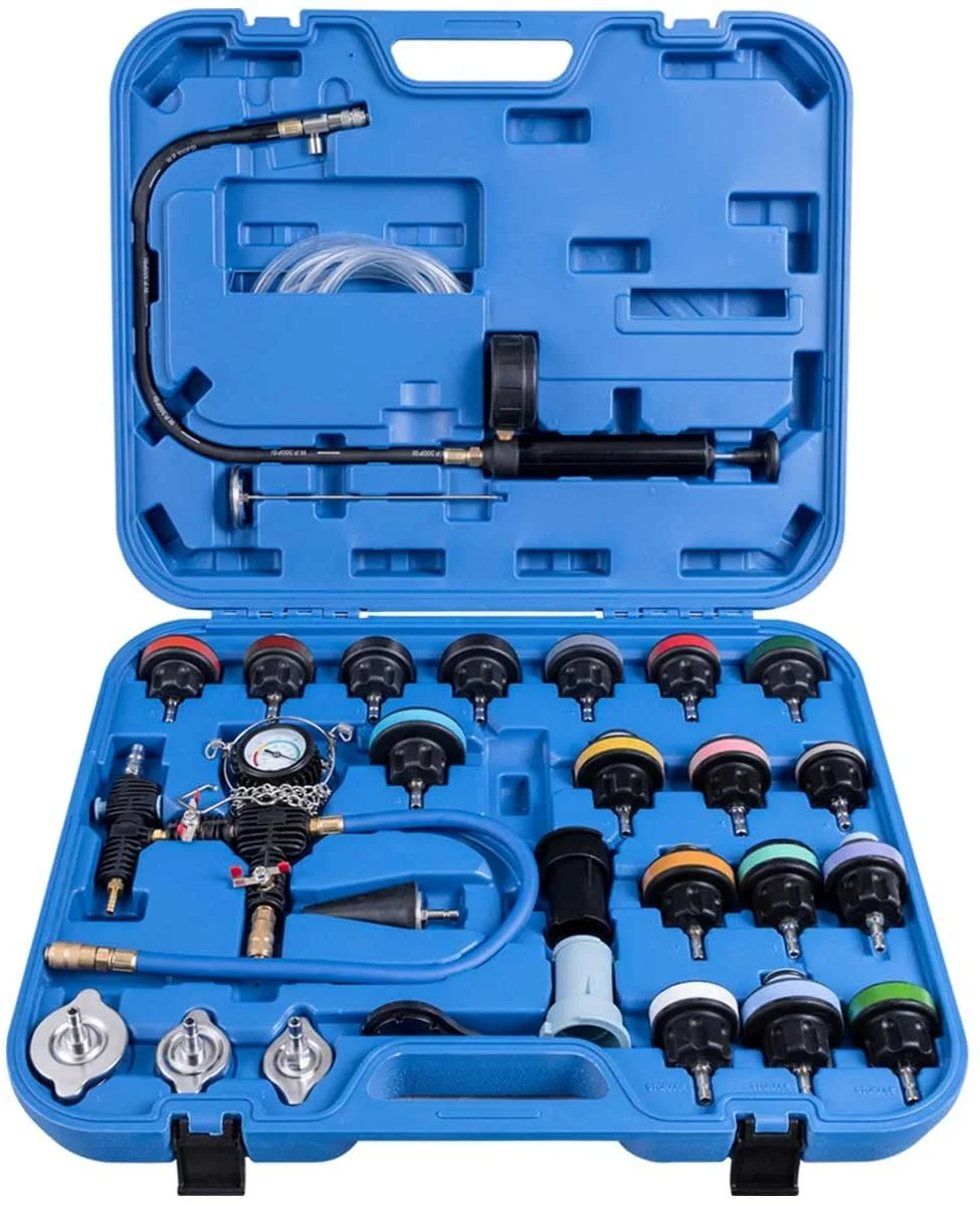 28-Piece Universal Radiator Pressure Tester, Vacuum Type Cooling System Tool Kit For Many Makes and Models with Carrying Case (Blue Case)